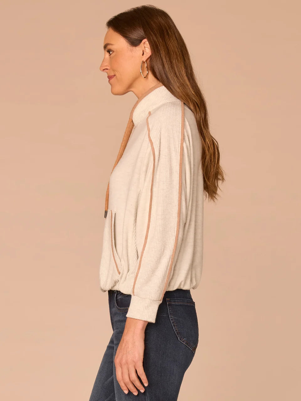 Kangaroo Pocket Bubble Hem Mixed Media Top