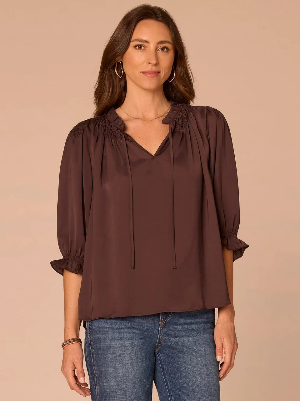 Honeycomb Embroidered Split Neck Woven Top