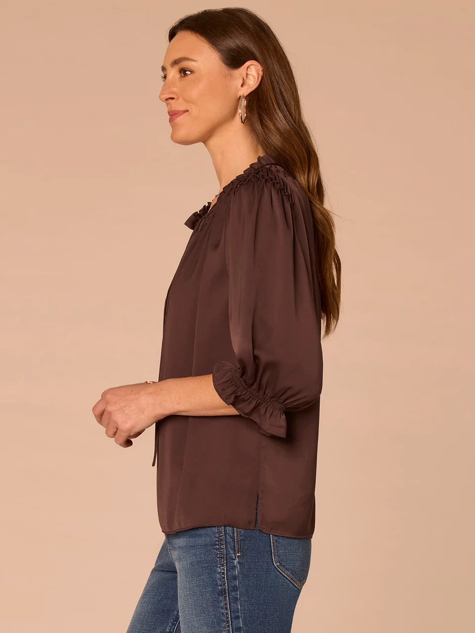 Honeycomb Embroidered Split Neck Woven Top