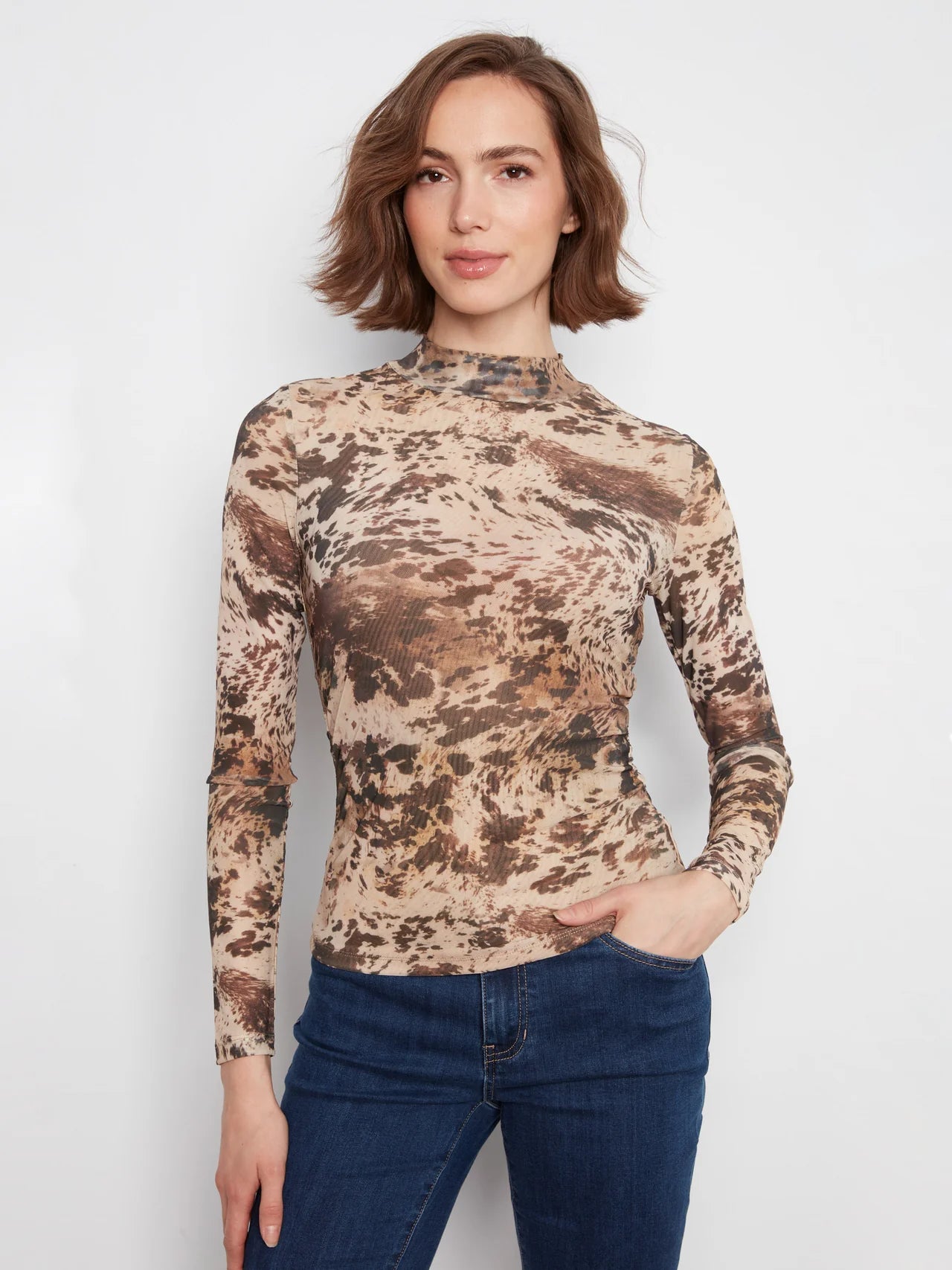 Printed Mesh Long Sleeve Top with Double Lined Body