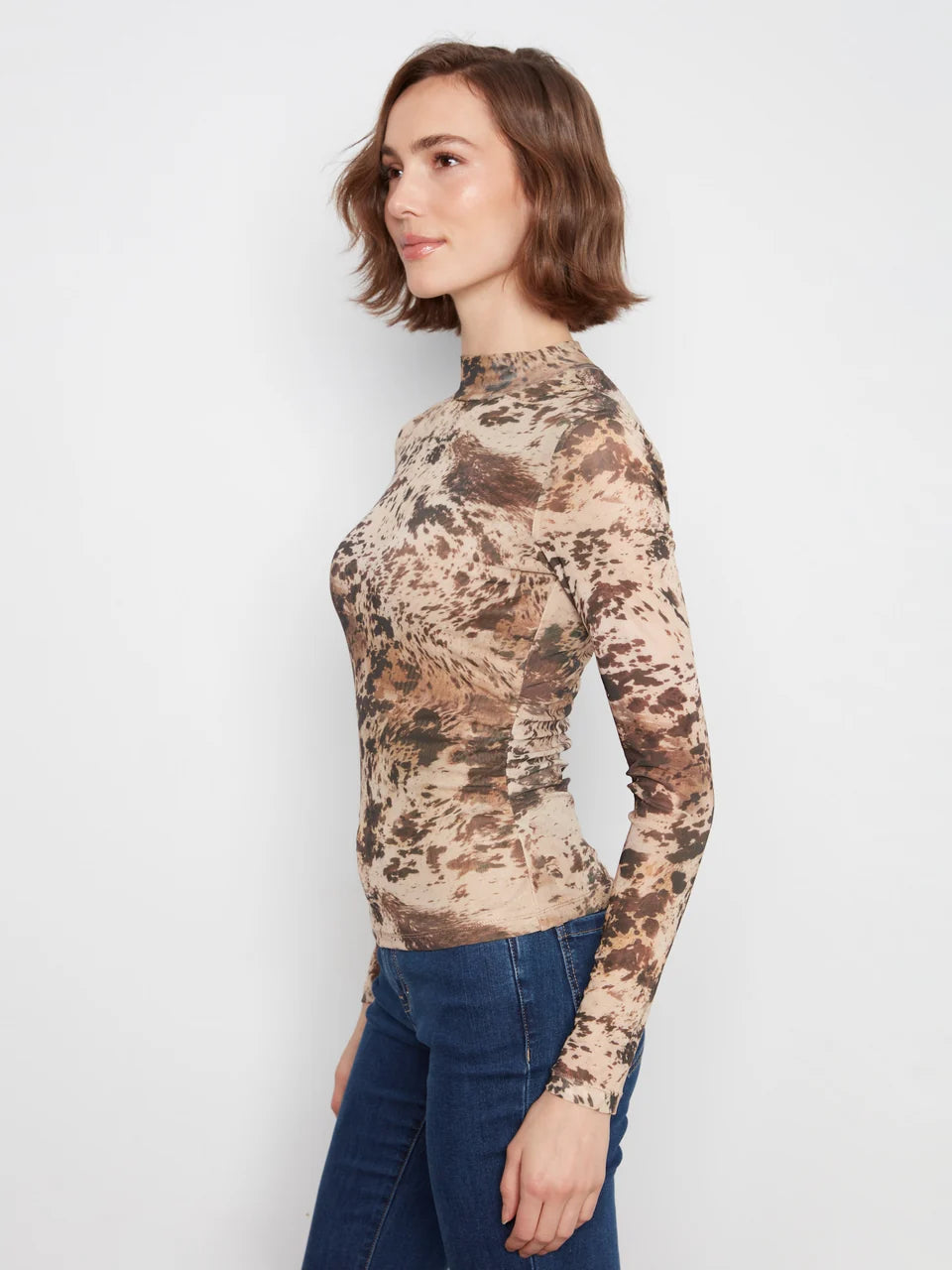 Printed Mesh Long Sleeve Top with Double Lined Body