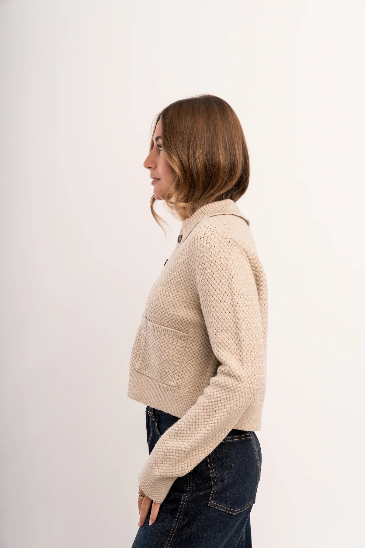 Textured Cardigan with Collar and Front Pockets