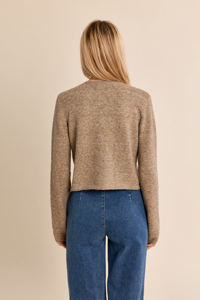 Speckled Crew Neck Button Up Cardigan