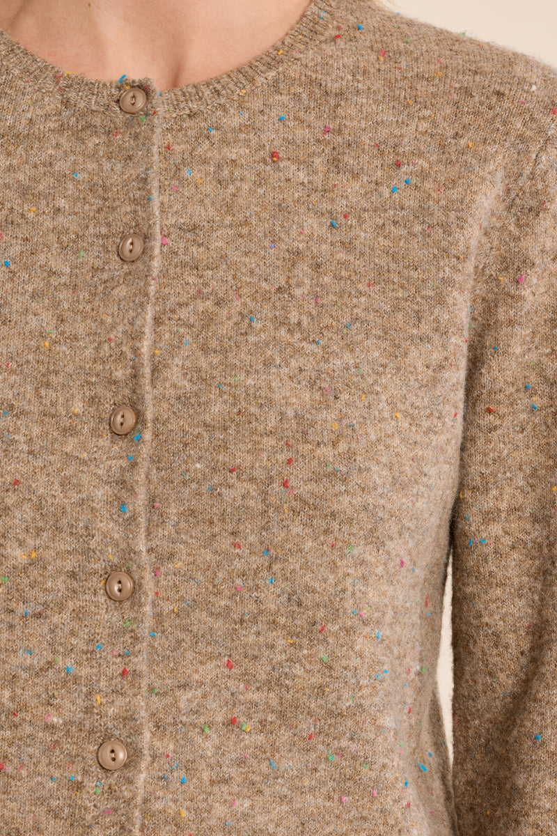 Speckled Crew Neck Button Up Cardigan