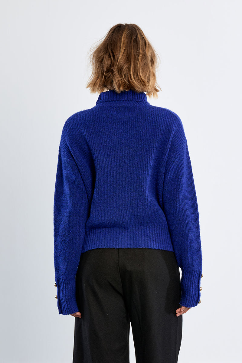 Mock Neck Cozy Knit Sweater with Gold Buttons on Wrist