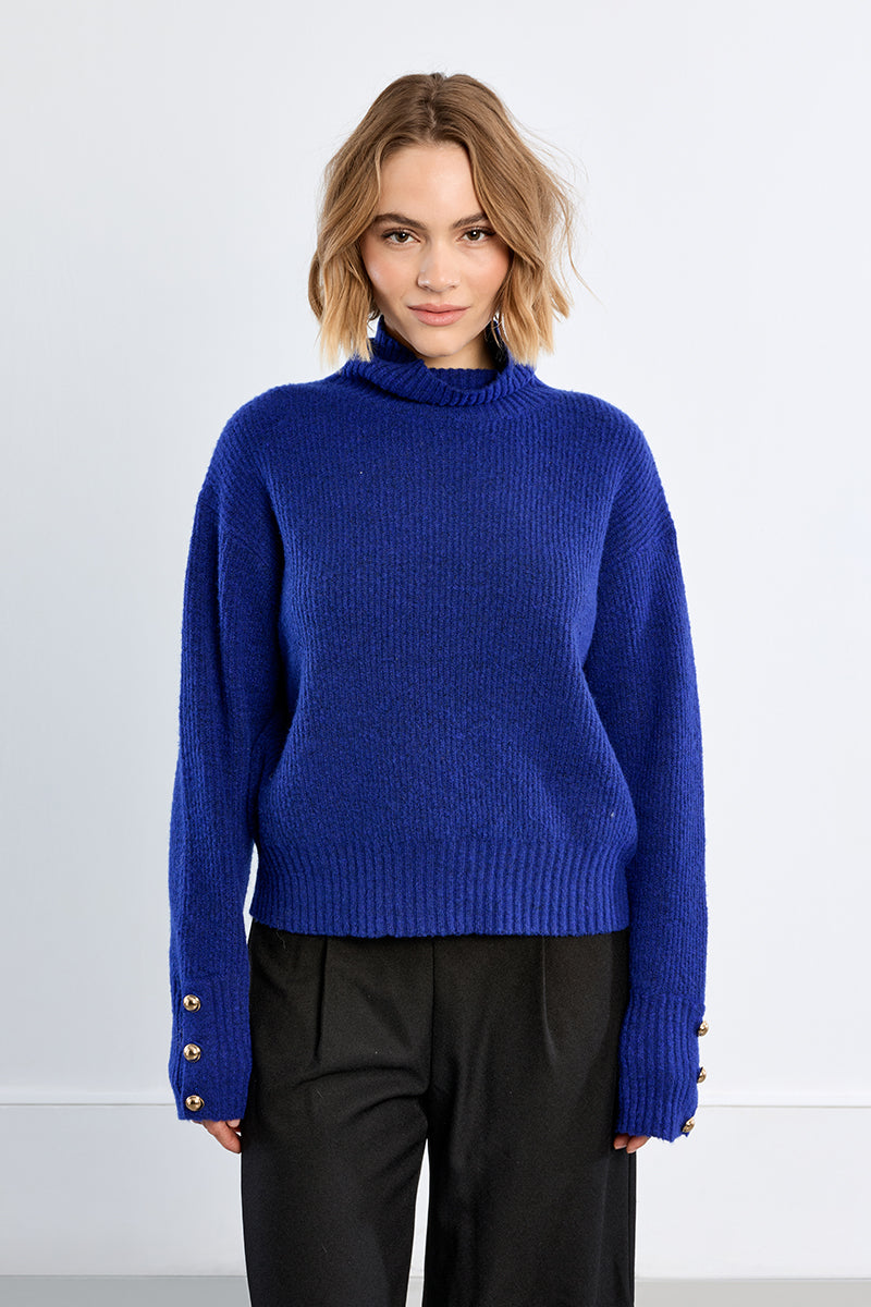 Mock Neck Cozy Knit Sweater with Gold Buttons on Wrist
