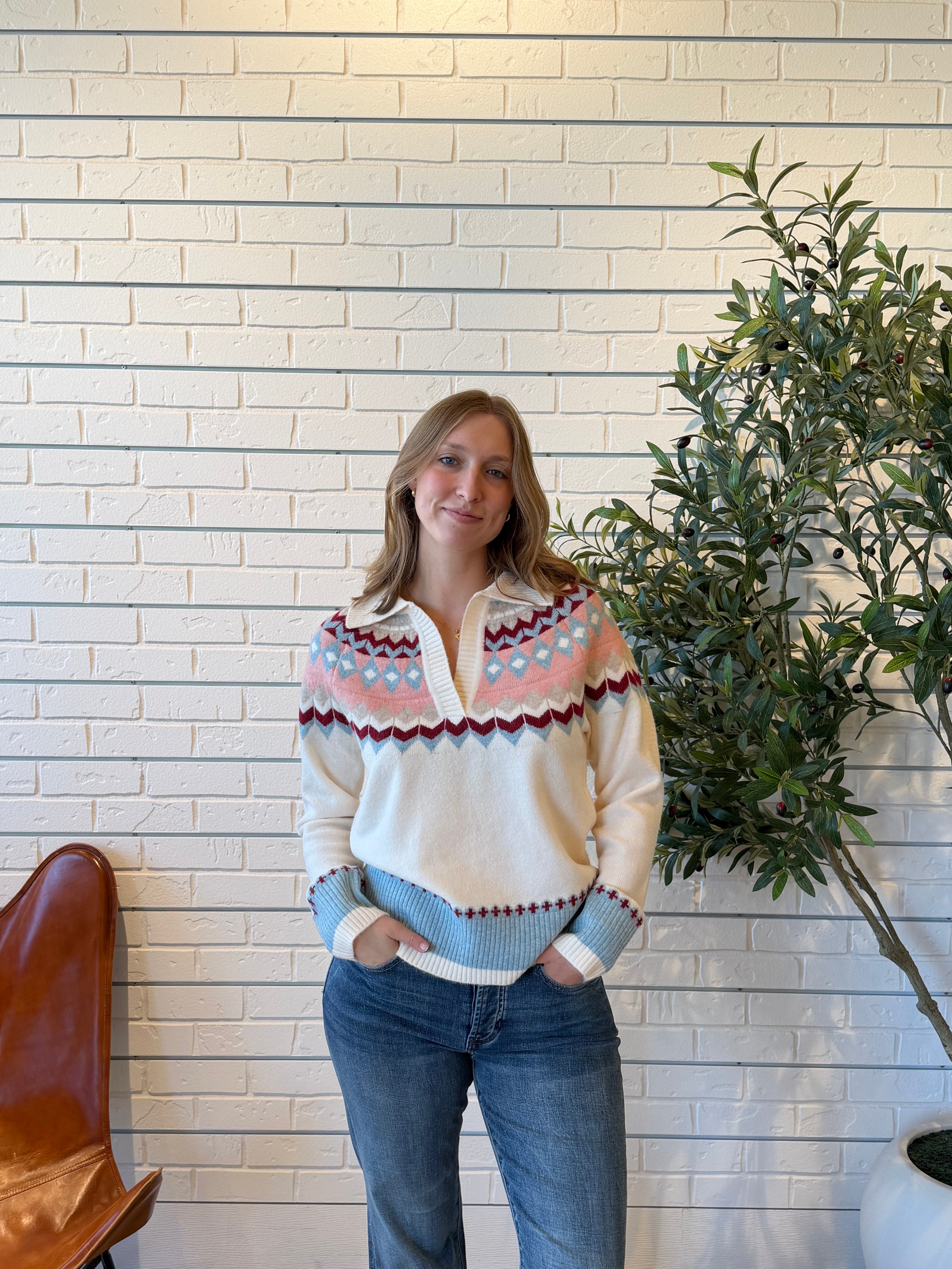 Fair Isle Polo Knit Sweater