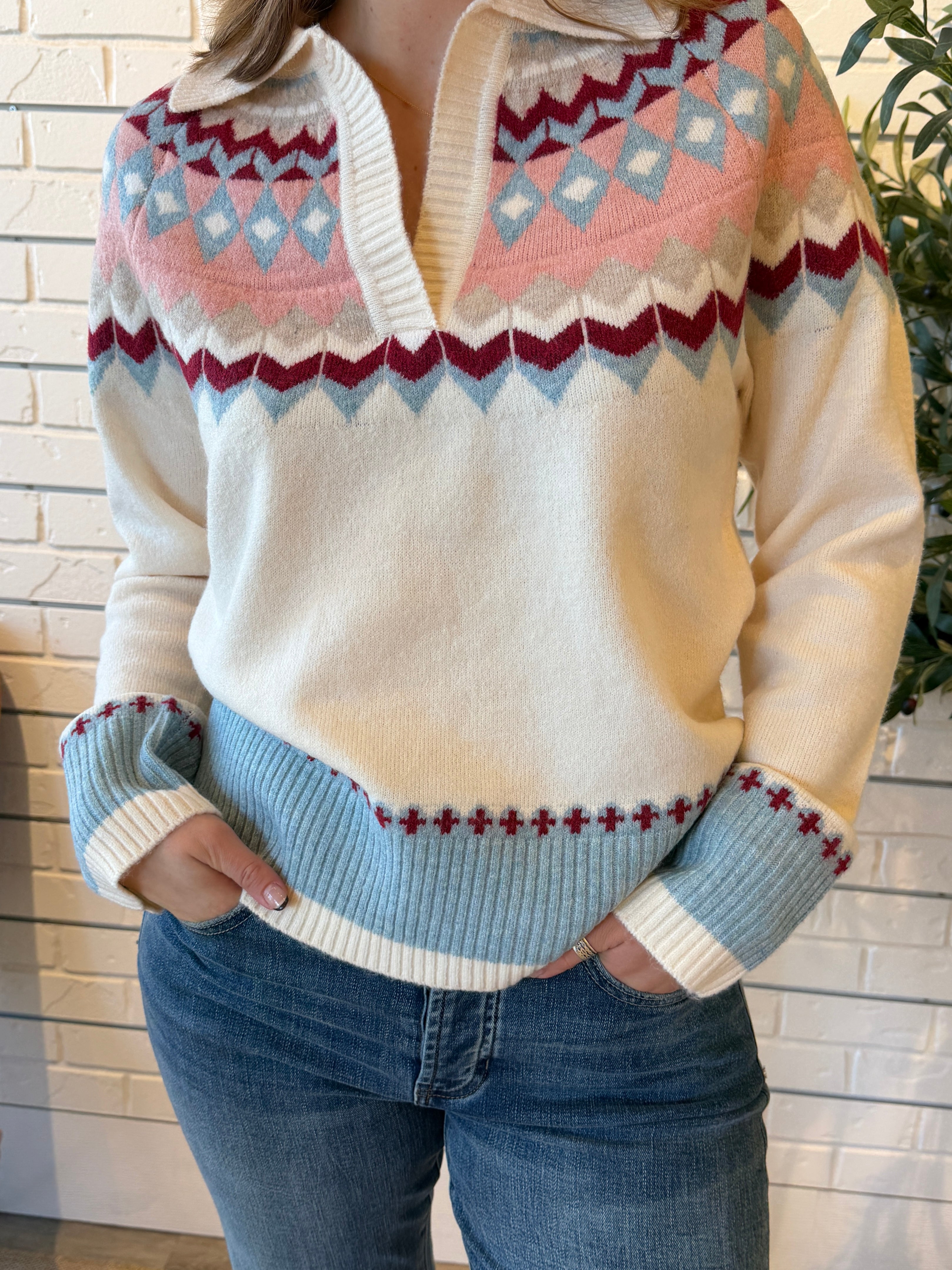 Fair Isle Polo Knit Sweater