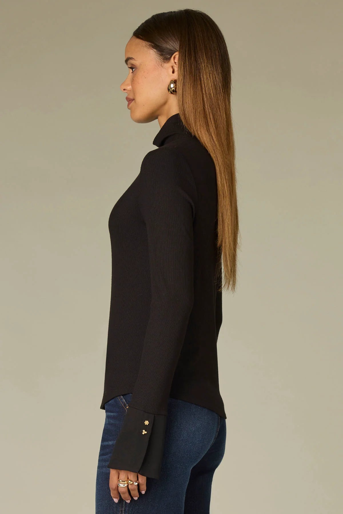 Long French Cuff Sleeve Mock Neck Ribbed Mixed Media Knit Top