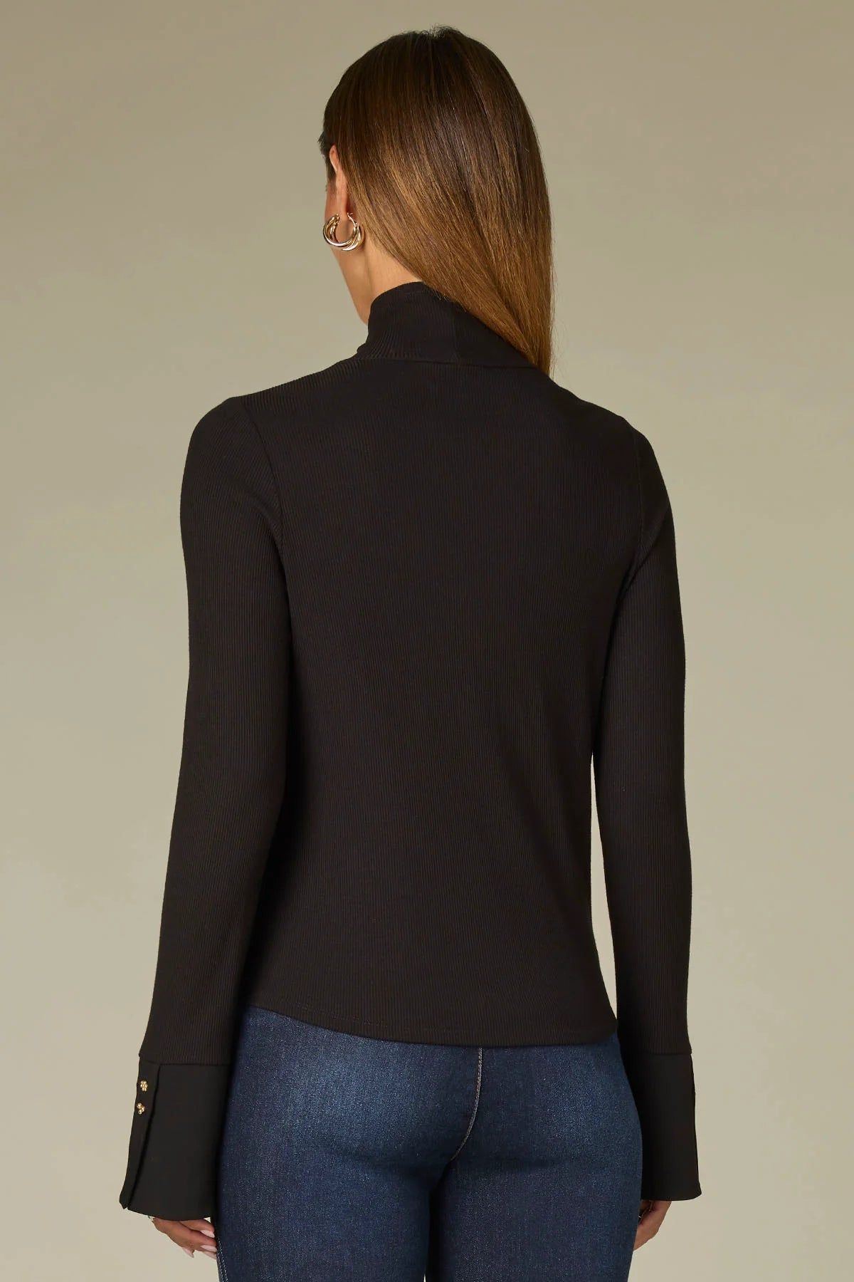 Long French Cuff Sleeve Mock Neck Ribbed Mixed Media Knit Top