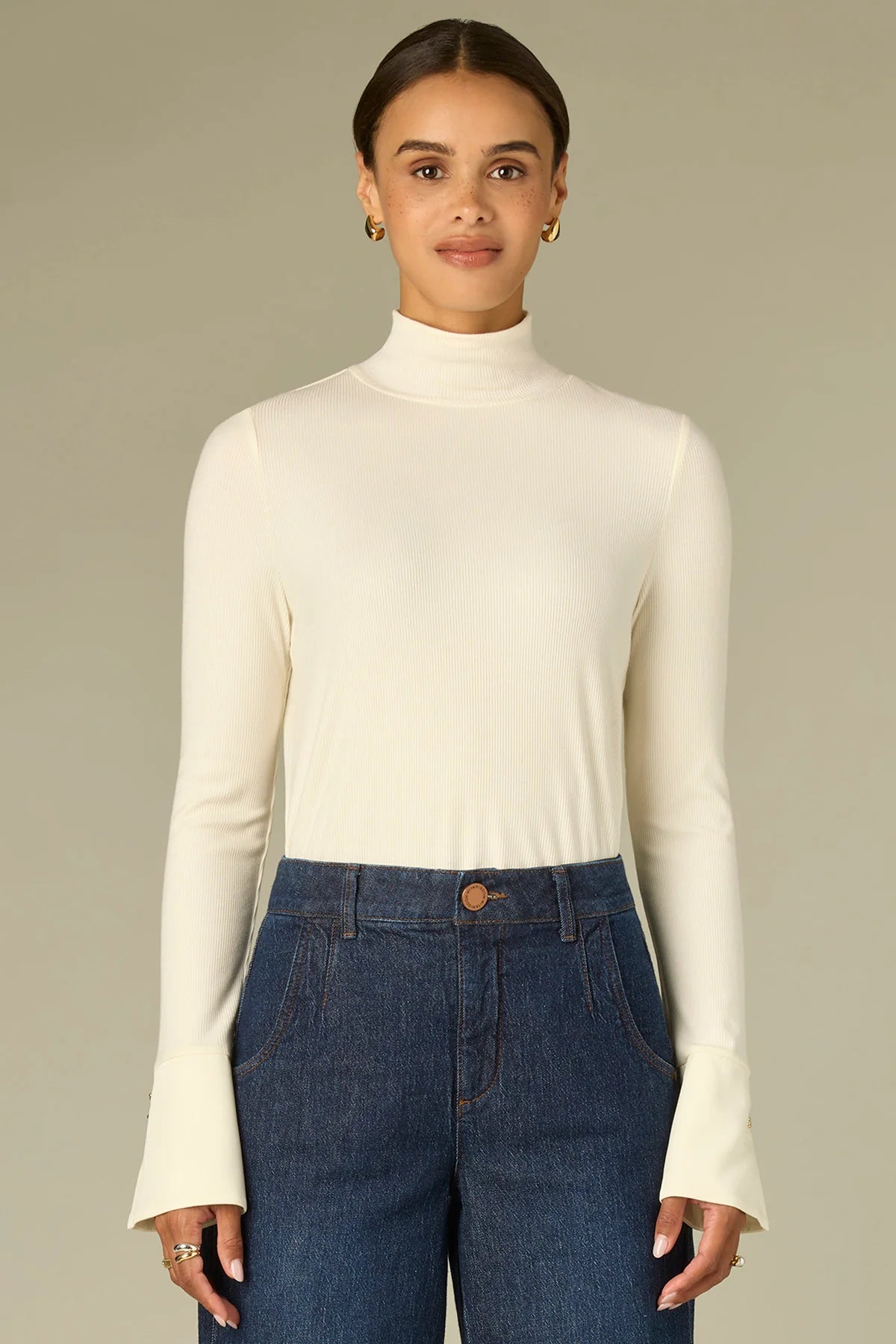 Long French Cuff Sleeve Mock Neck Ribbed Mixed Media Knit Top