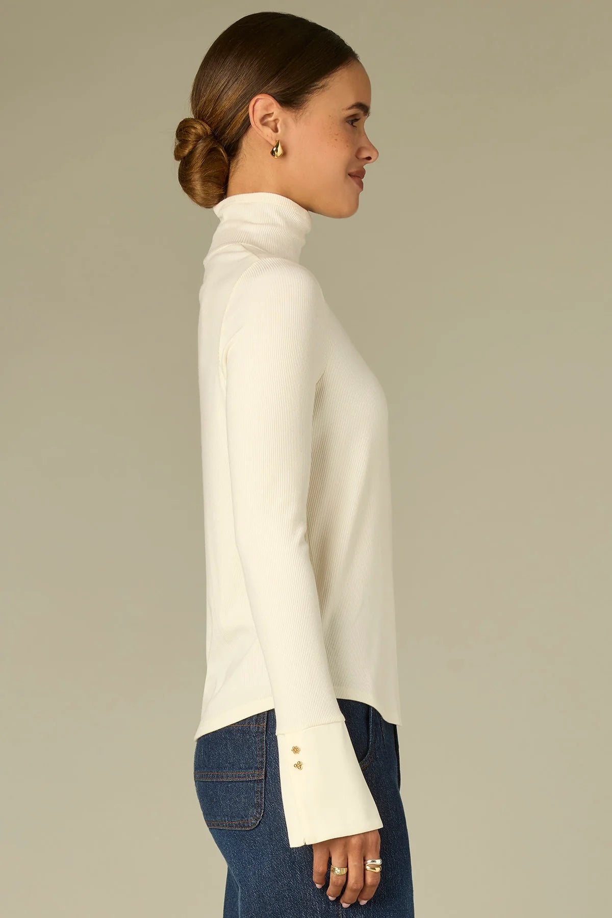 Long French Cuff Sleeve Mock Neck Ribbed Mixed Media Knit Top