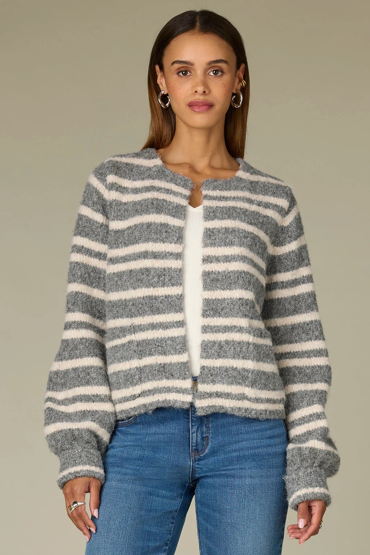 Long Blouson Sleeve Round Neck Open Front Stripe Sweater Cardigan