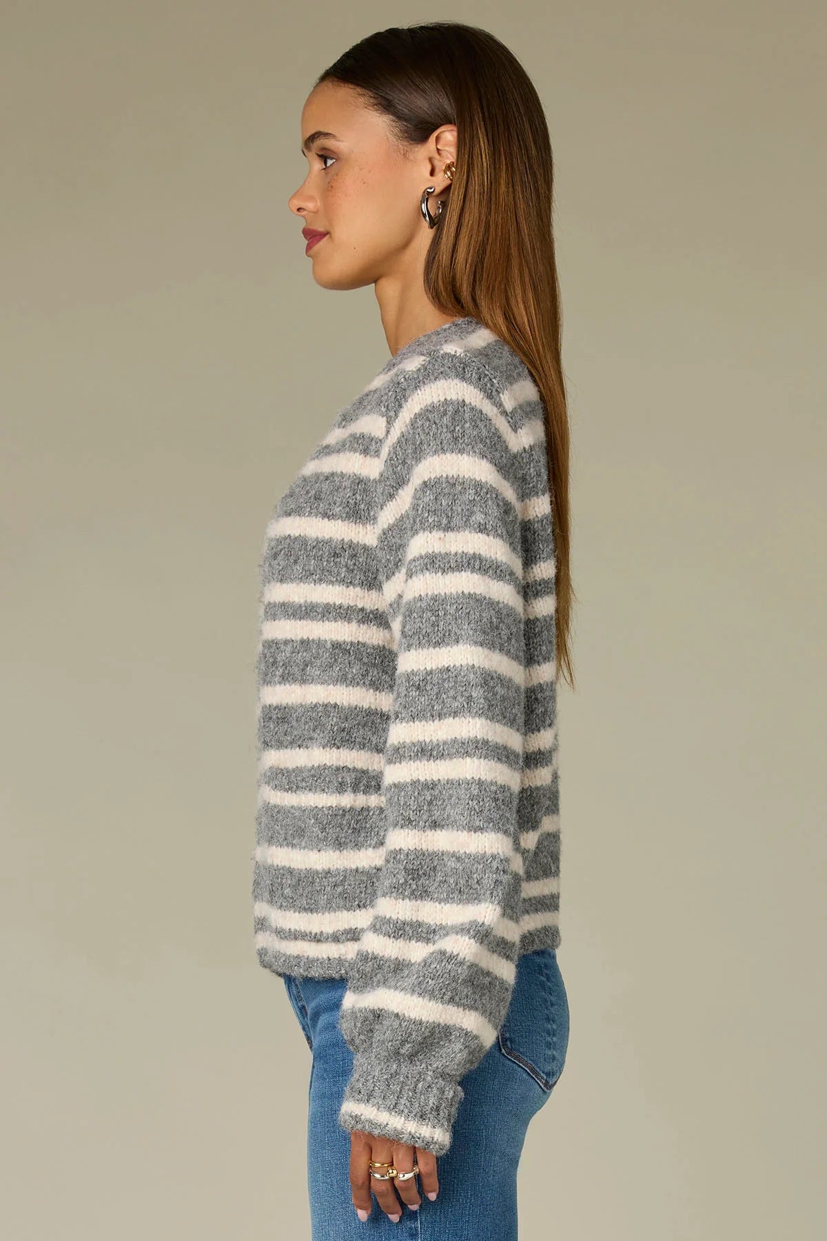 Long Blouson Sleeve Round Neck Open Front Stripe Sweater Cardigan