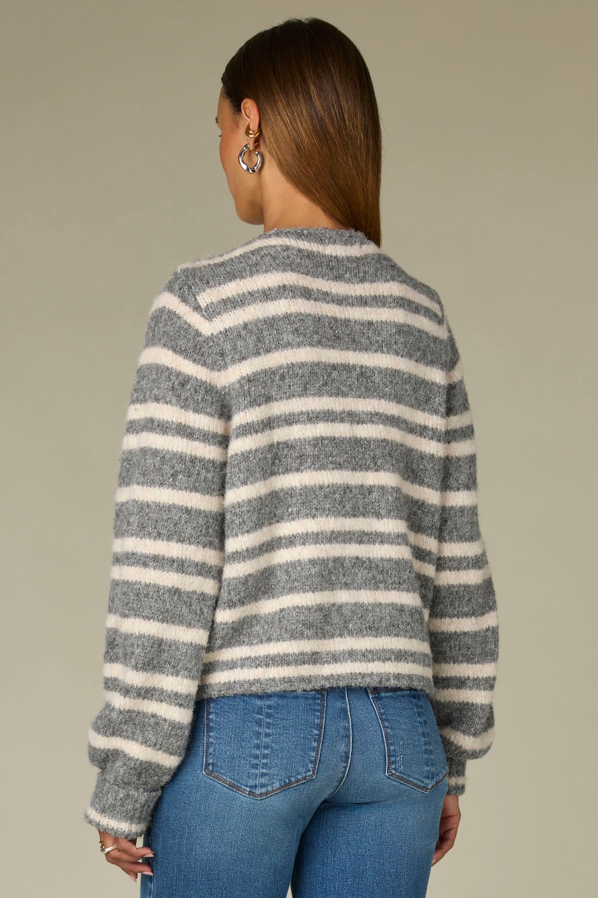Long Blouson Sleeve Round Neck Open Front Stripe Sweater Cardigan