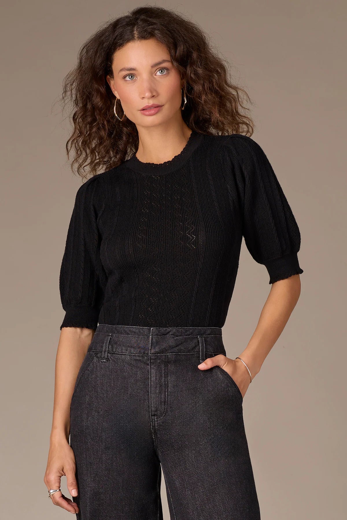 Pleated Elbow Sleeve Sweater Top with Scallop Edging