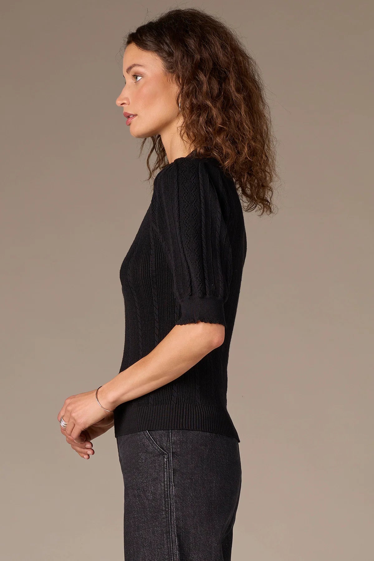 Pleated Elbow Sleeve Sweater Top with Scallop Edging