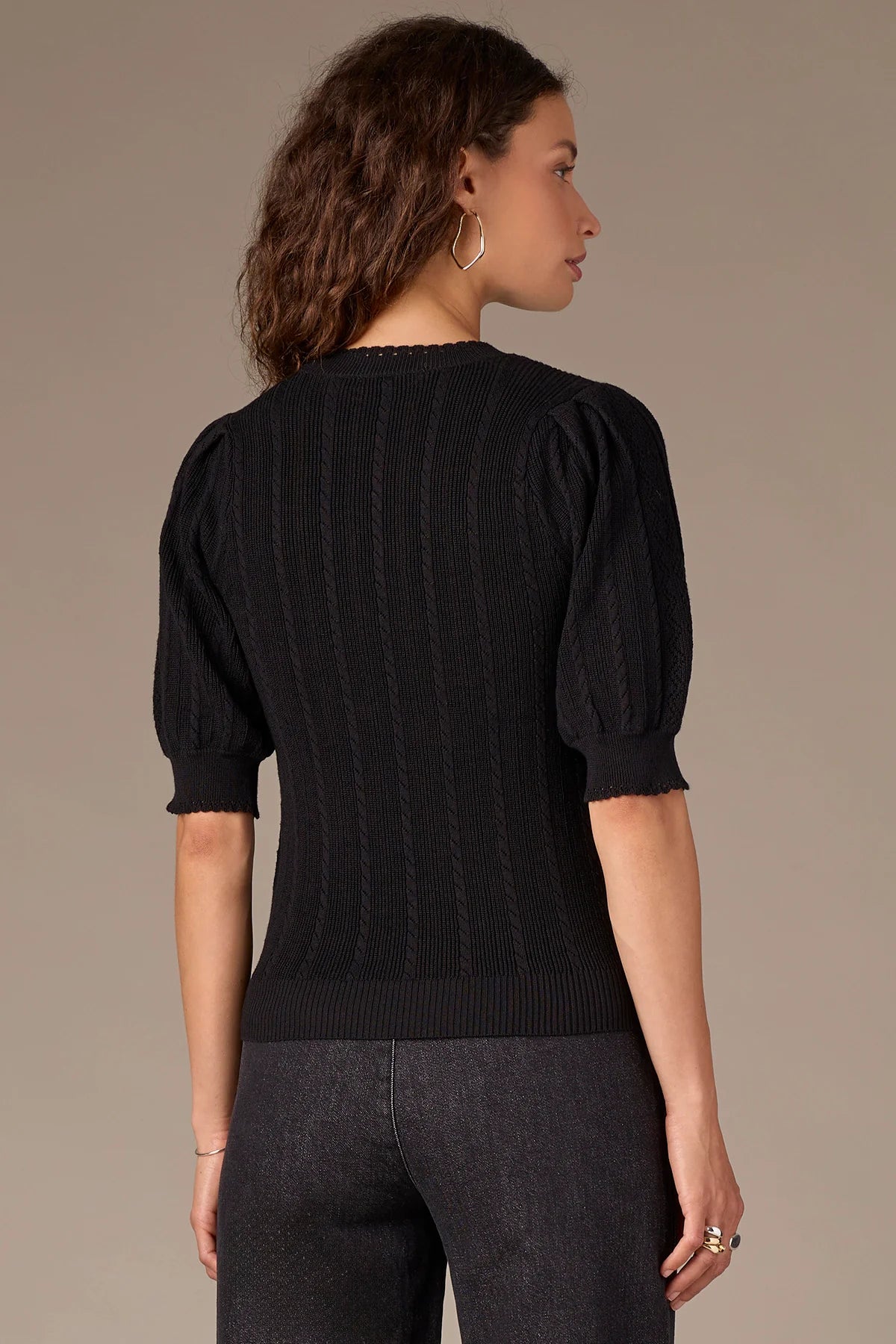 Pleated Elbow Sleeve Sweater Top with Scallop Edging
