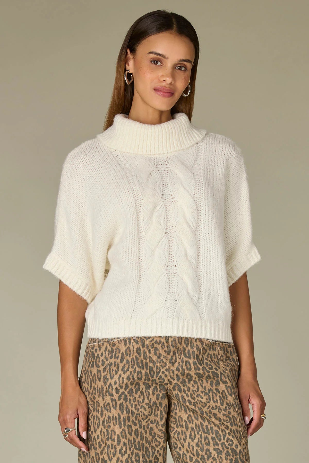 Below Elbow Dolman Sleeve Rolled Turtleneck Cable Stitch Sweater