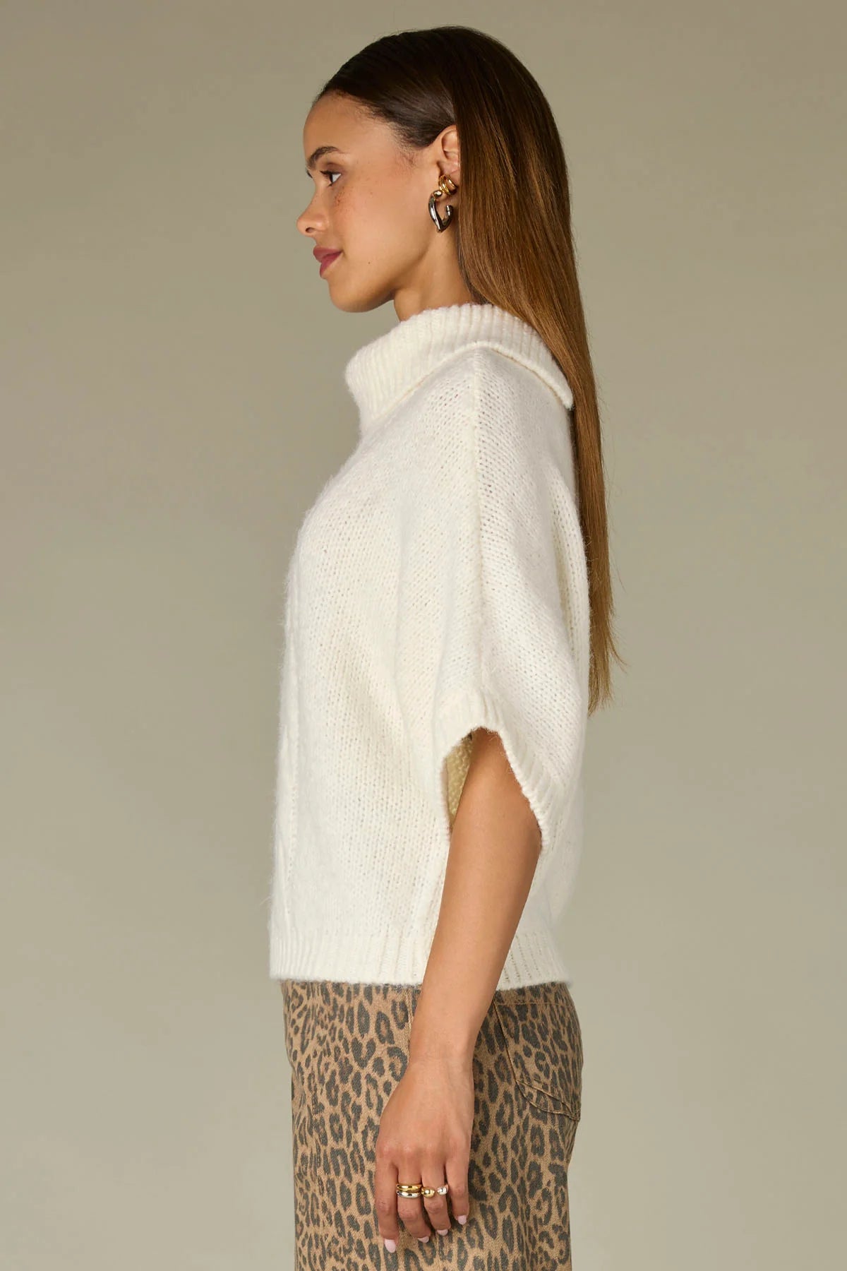 Below Elbow Dolman Sleeve Rolled Turtleneck Cable Stitch Sweater