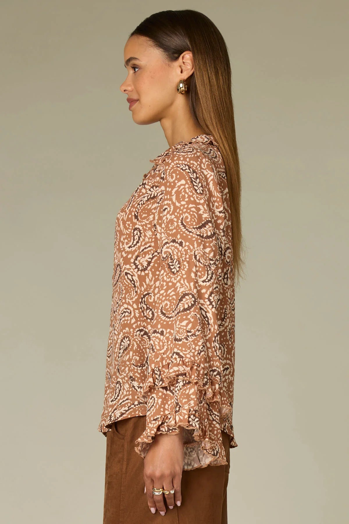Long Romantic Flutter Sleeve V-Neck Woven Top with Keyhole