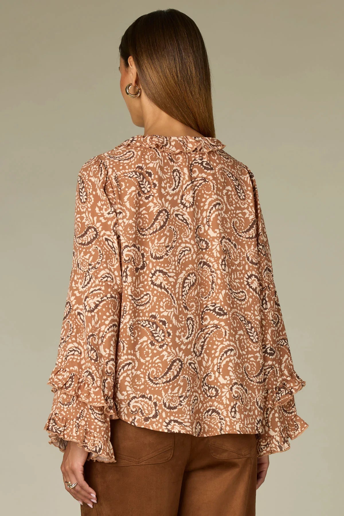 Long Romantic Flutter Sleeve V-Neck Woven Top with Keyhole