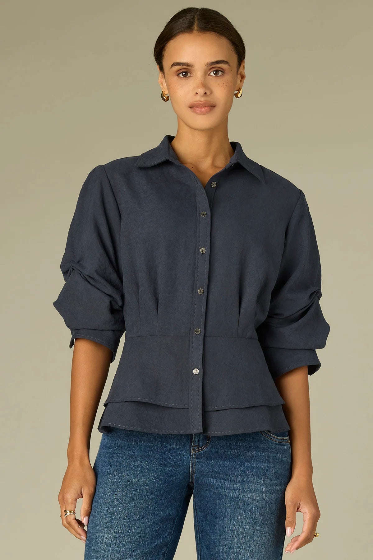 Below Elbow Pleated Sleeve Collared Peplum Hem Woven Suede Top