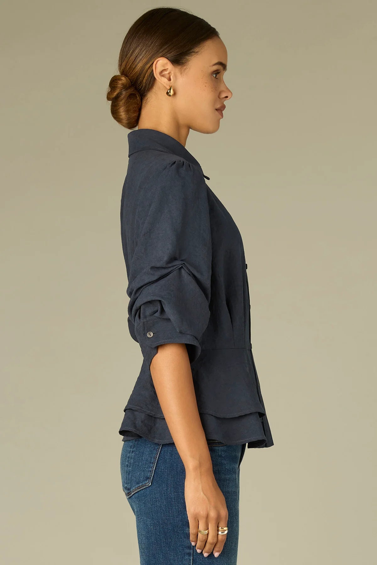 Below Elbow Pleated Sleeve Collared Peplum Hem Woven Suede Top
