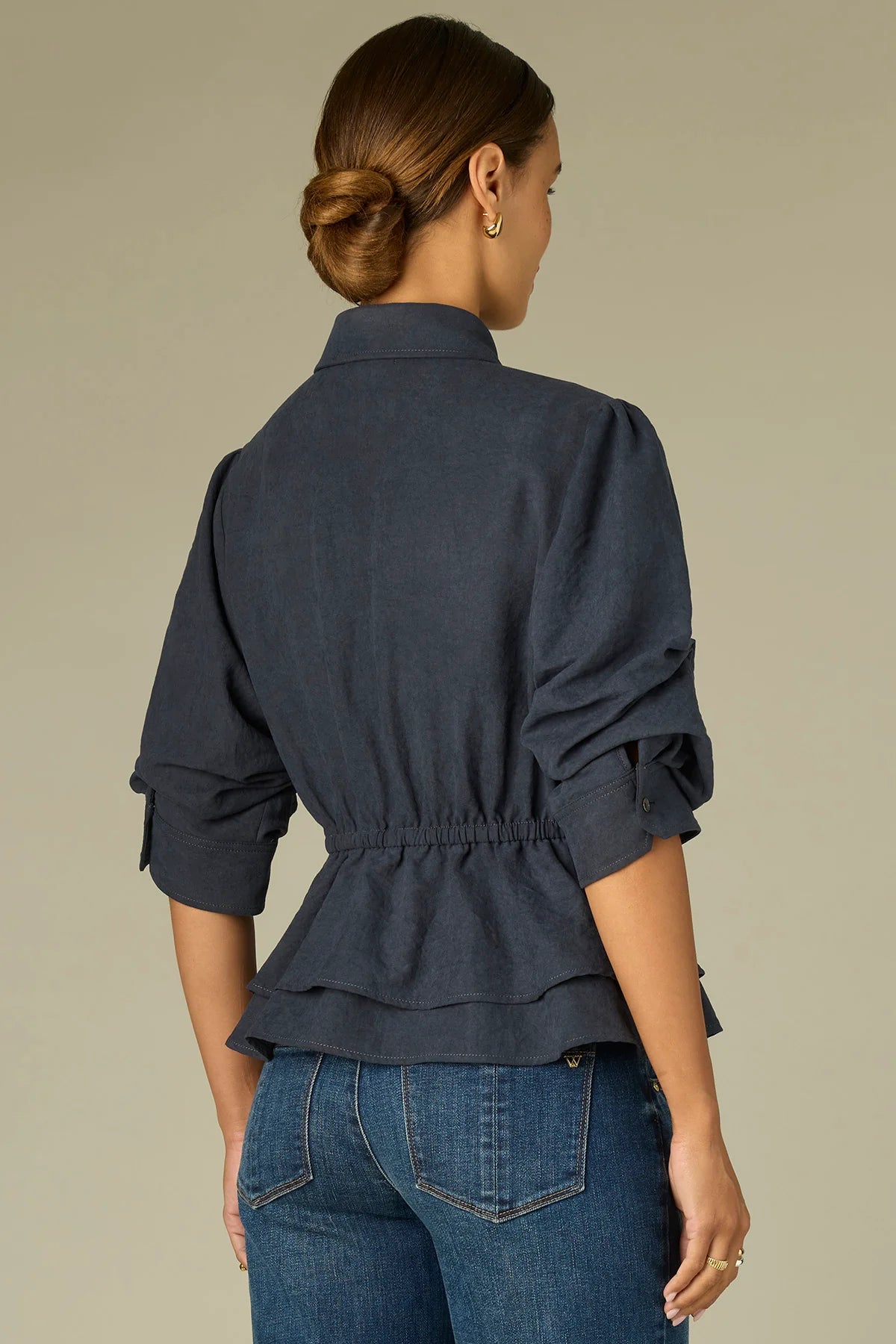 Below Elbow Pleated Sleeve Collared Peplum Hem Woven Suede Top