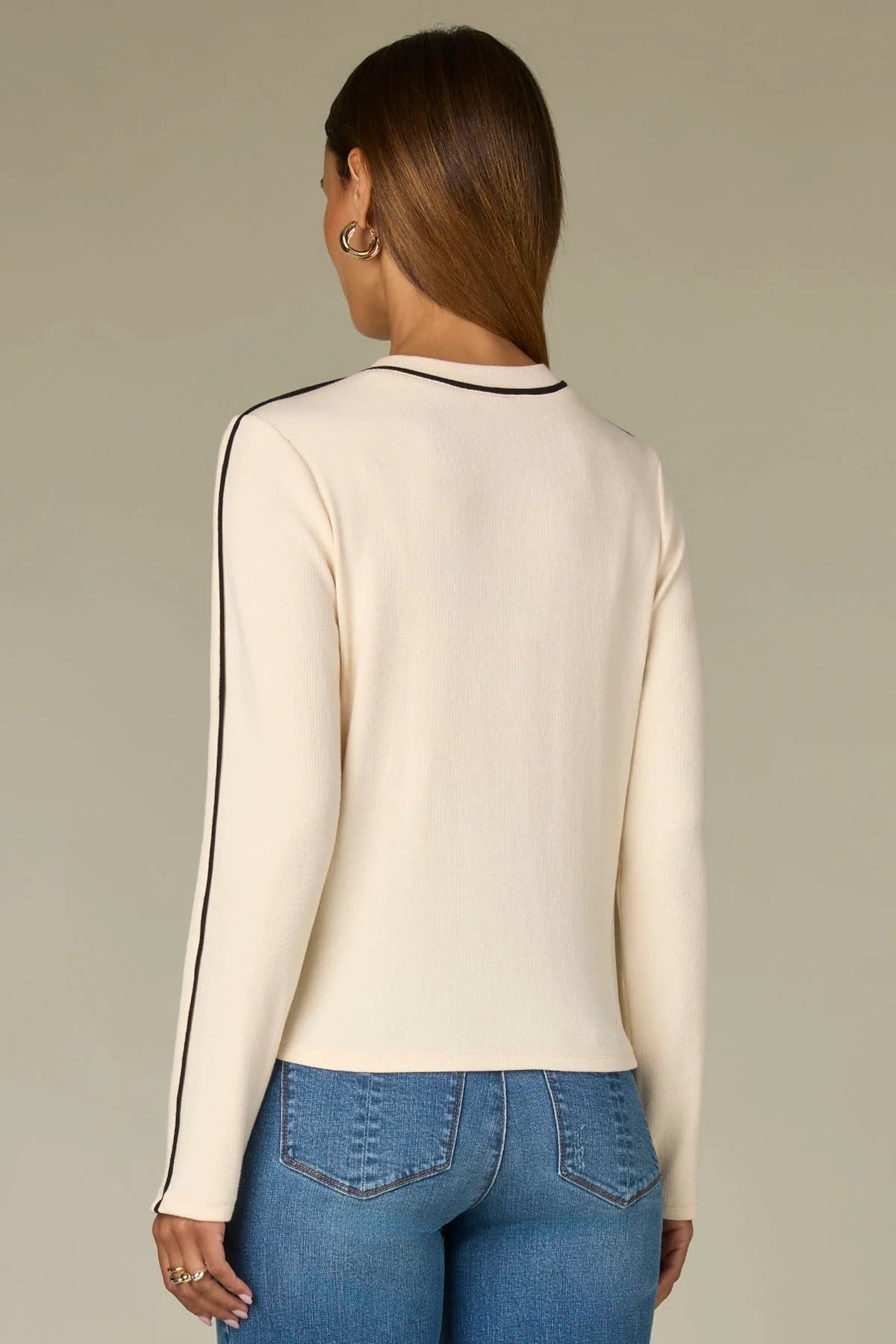 Long Sleeve High Crew Neck Knit Top with Contrast Piping
