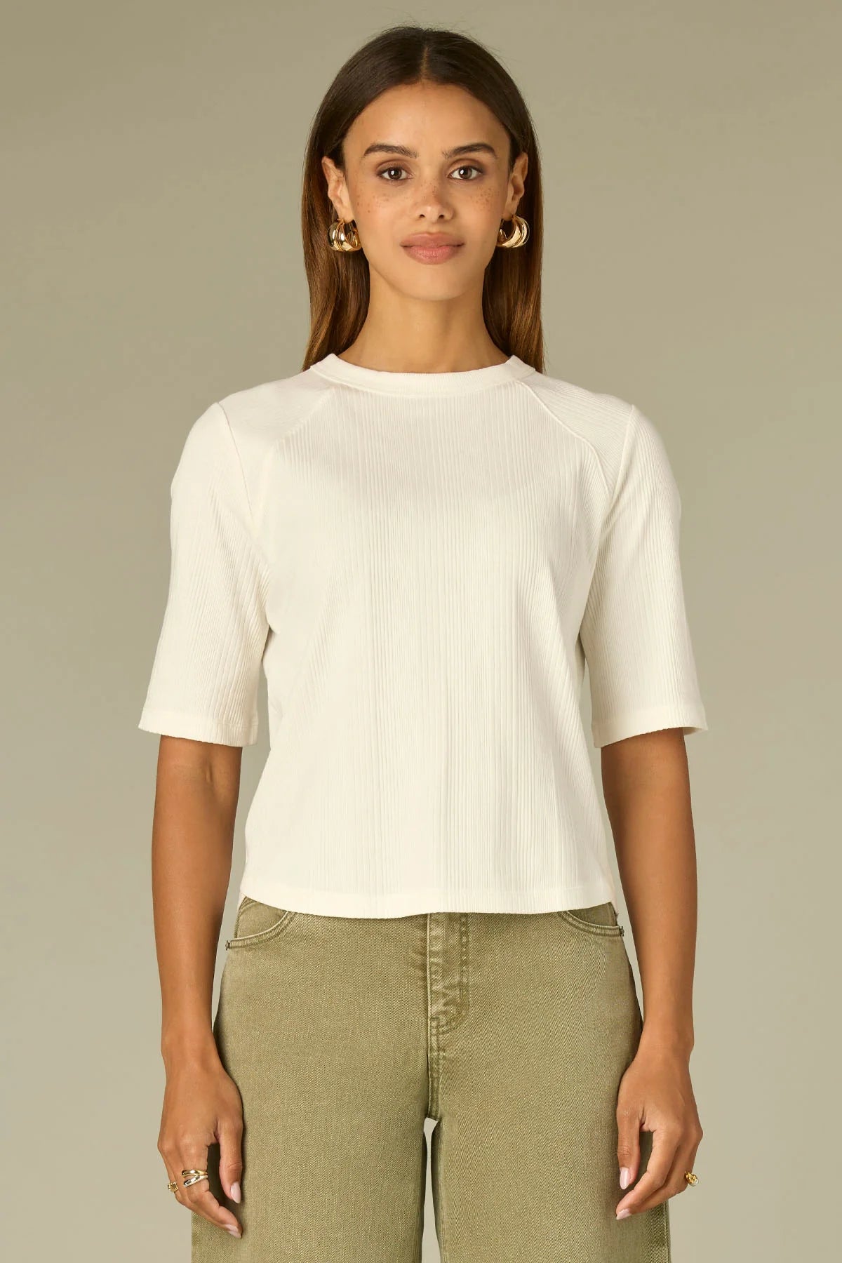 Elbow Raglan Sleeve High Crew Neck Ribbed Knit Top