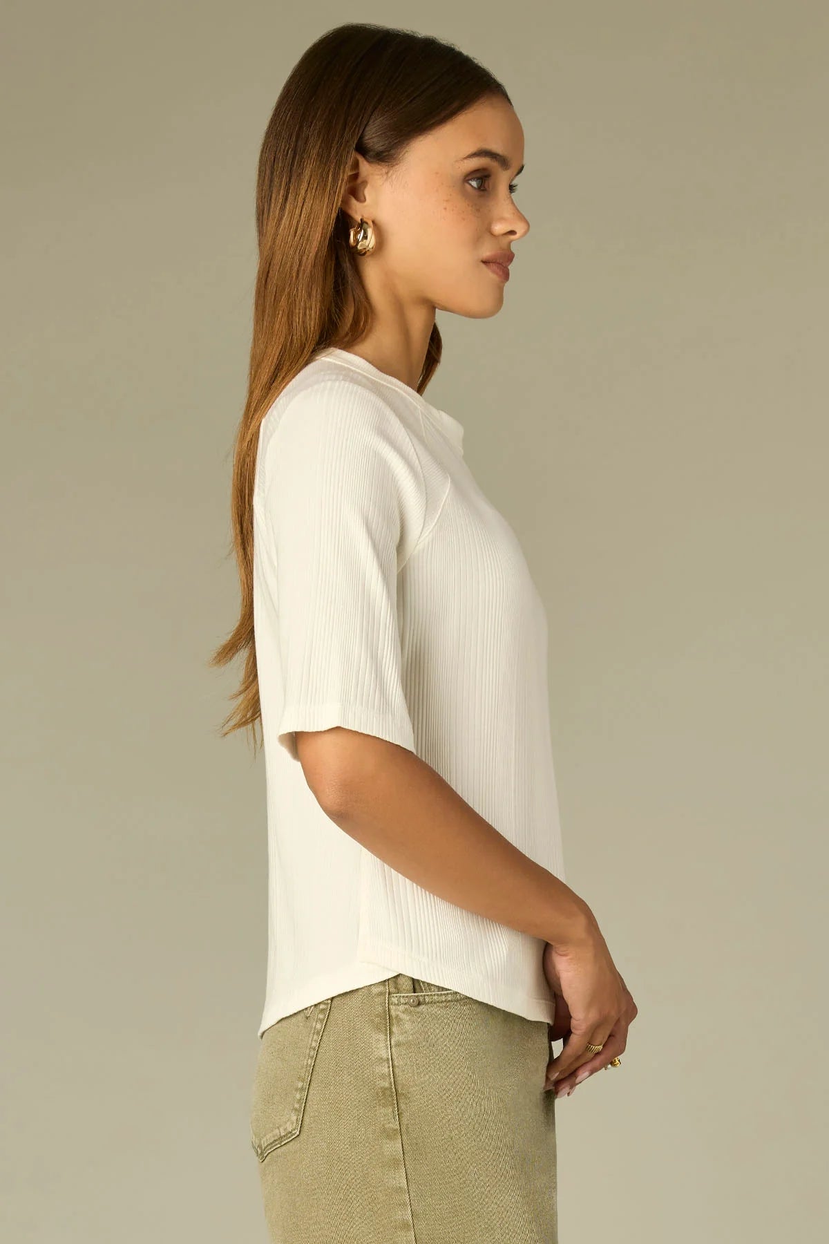 Elbow Raglan Sleeve High Crew Neck Ribbed Knit Top