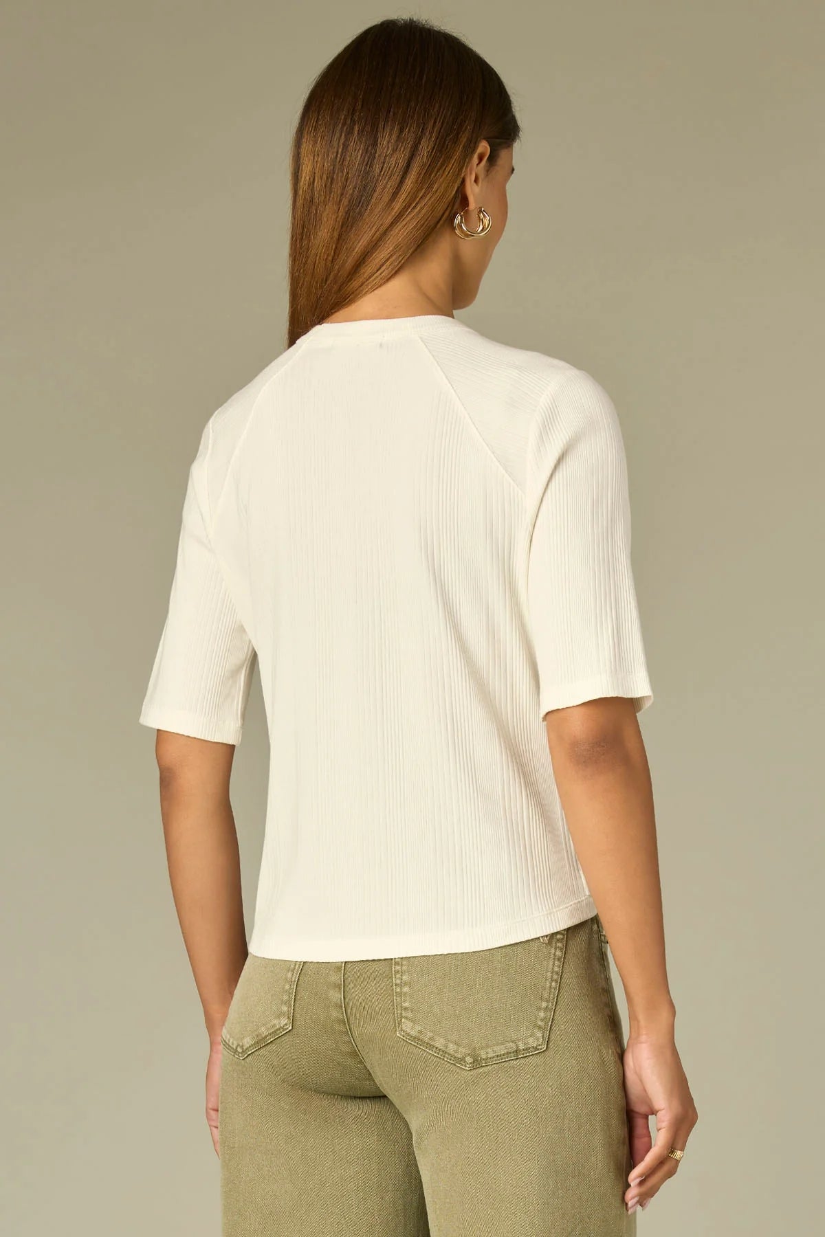 Elbow Raglan Sleeve High Crew Neck Ribbed Knit Top
