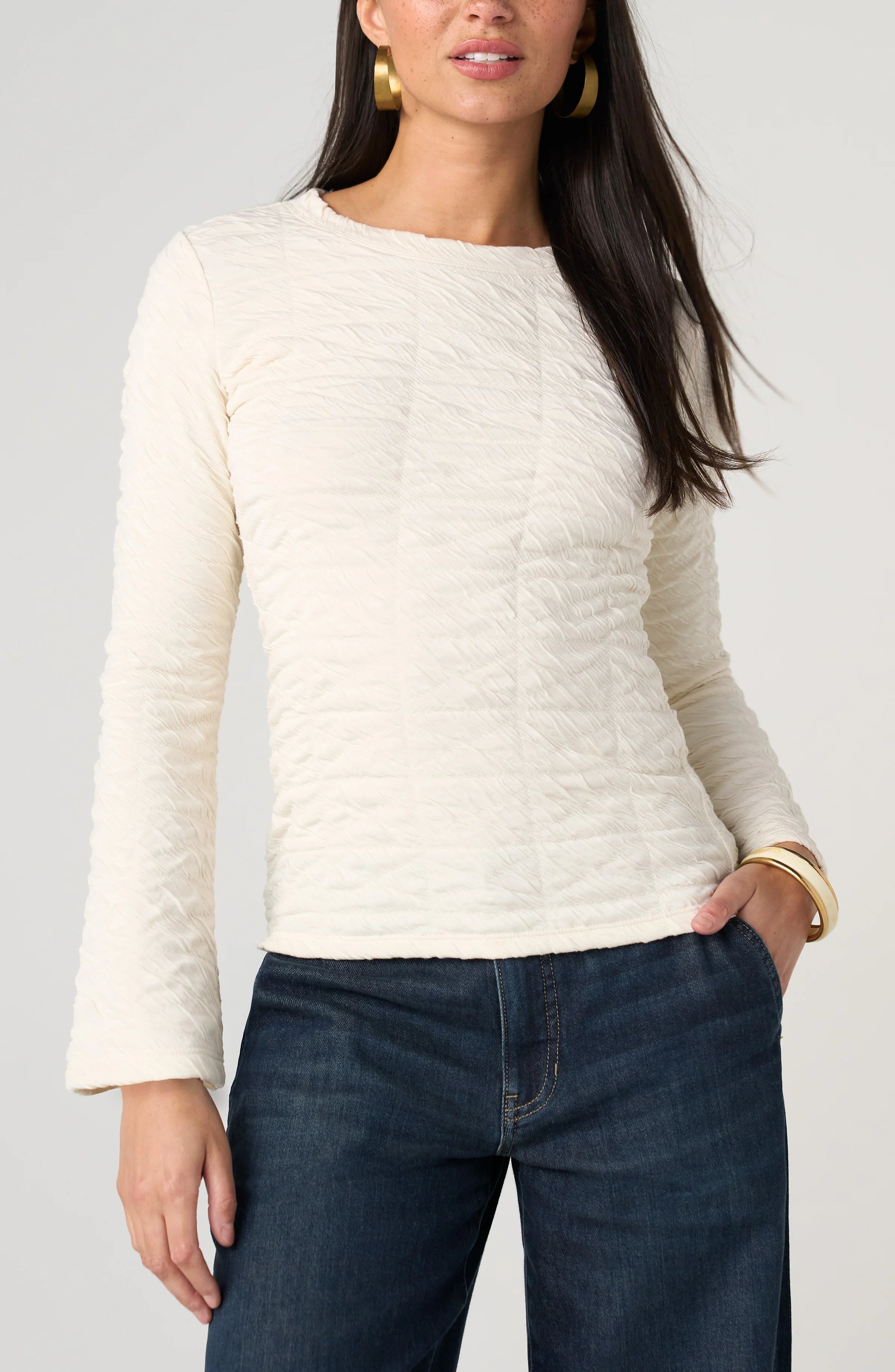 Liverpool Long Sleeve Textured Top with Flared Sleeve