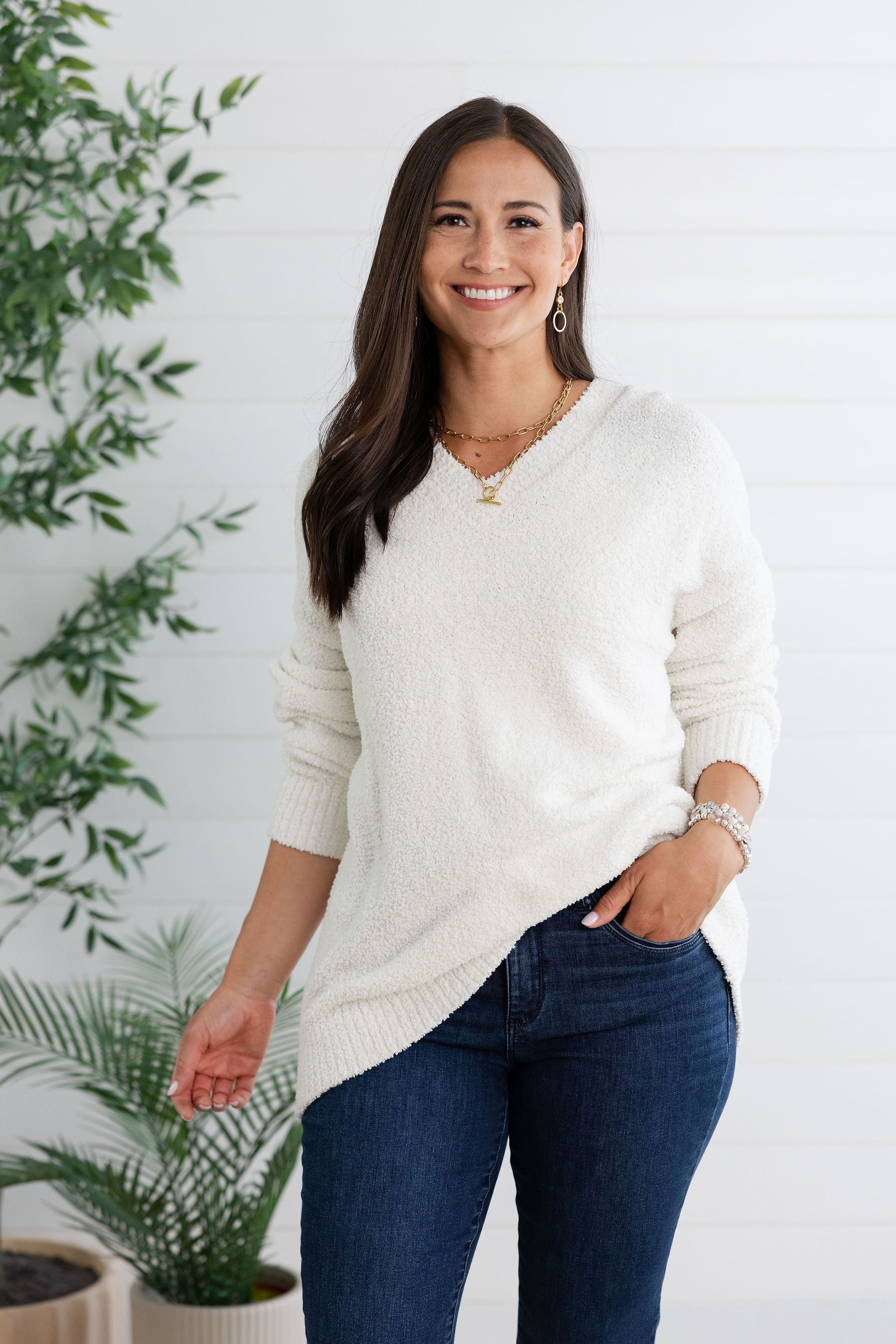 Cozy Boucle Yarn V Neck Sweater