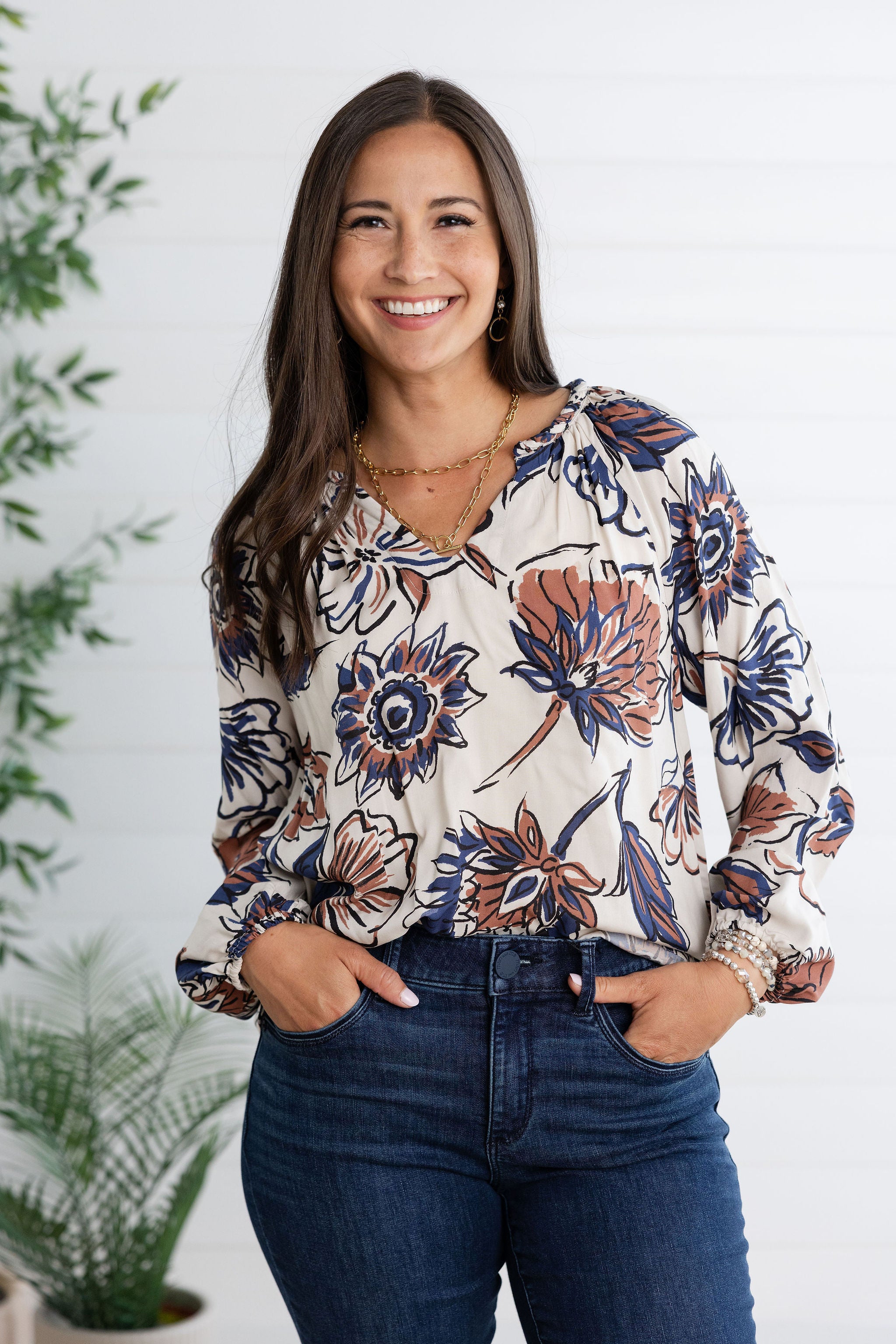 Raglan Long Sleeve Printed Blouse with Notch Neck