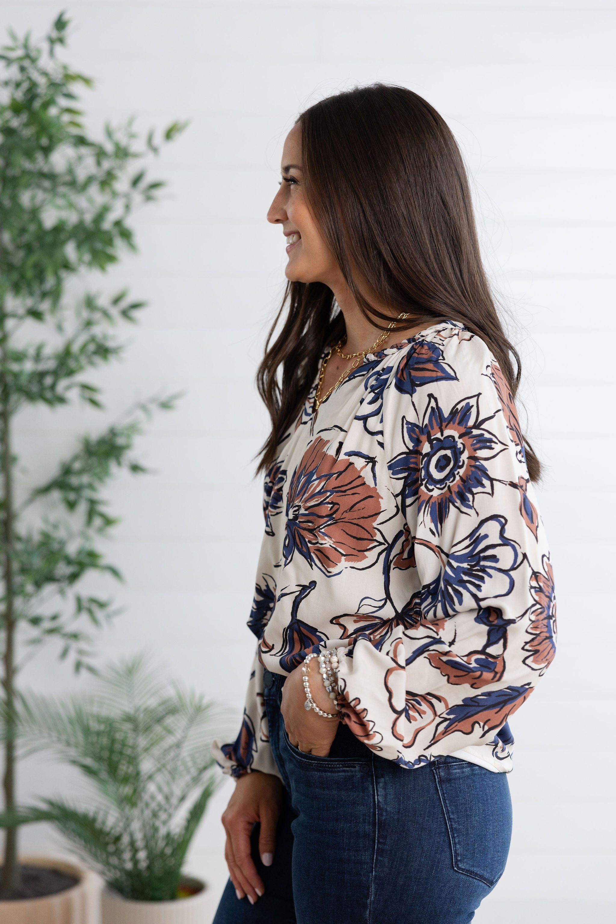 Raglan Long Sleeve Printed Blouse with Notch Neck
