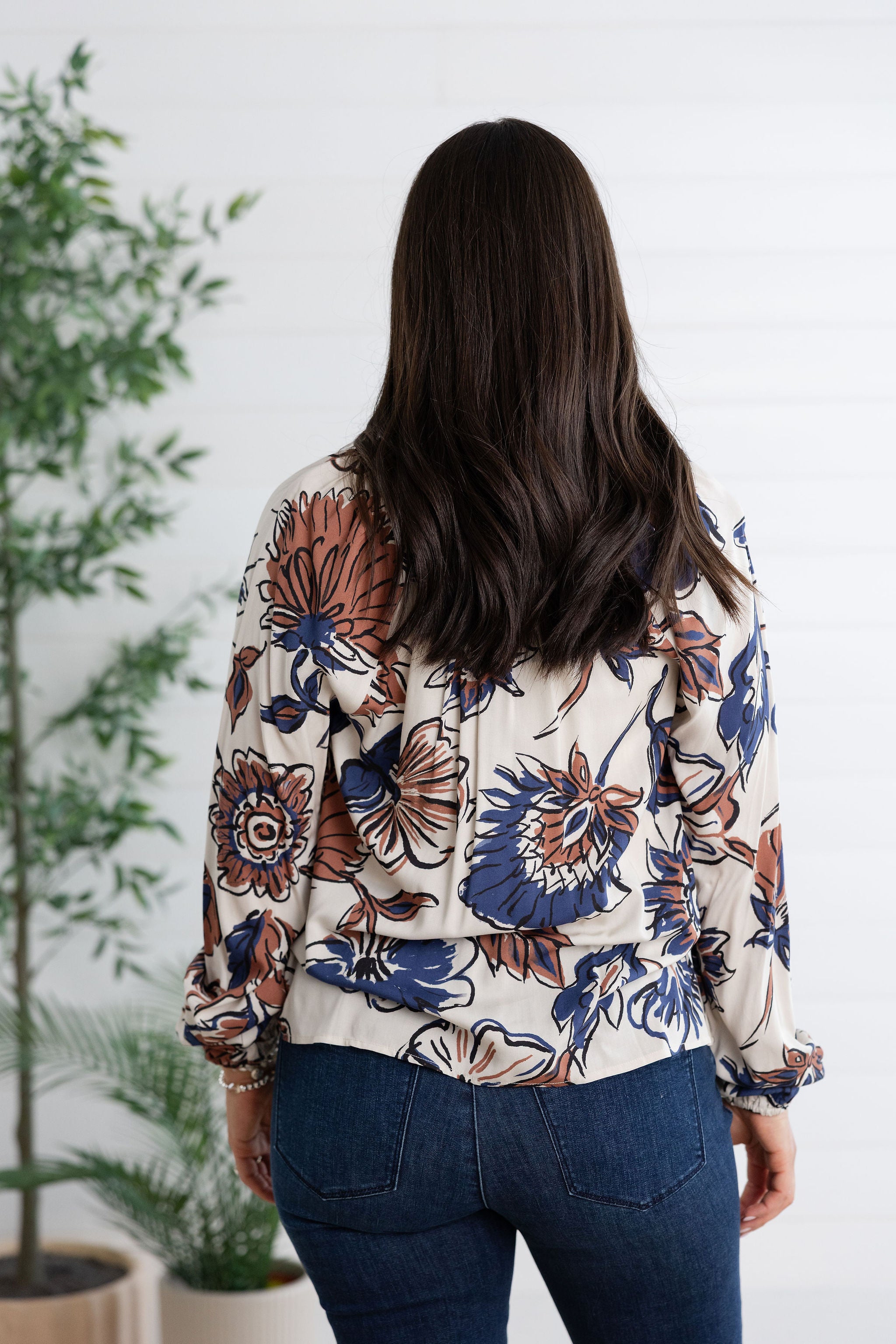 Raglan Long Sleeve Printed Blouse with Notch Neck