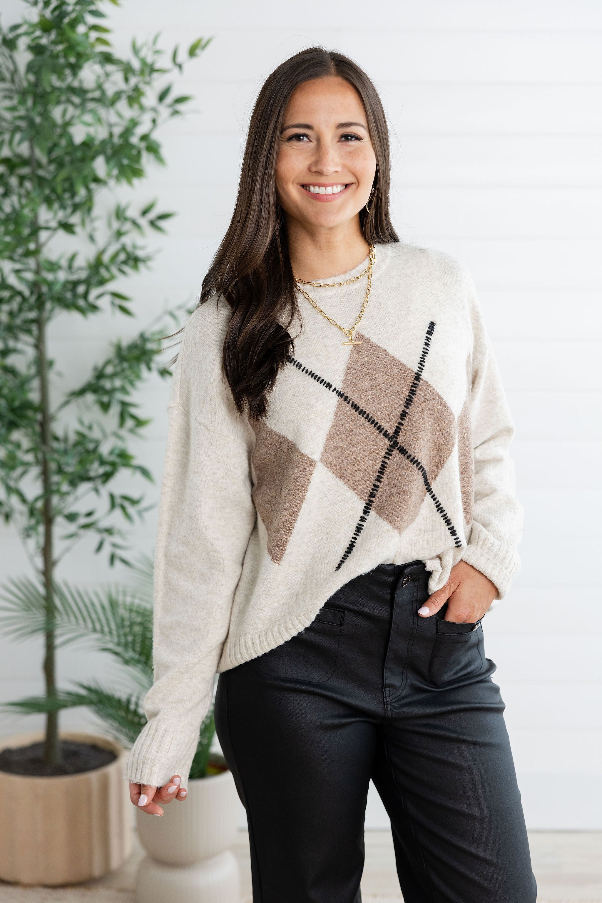 Crew Neck Argyle Sweater
