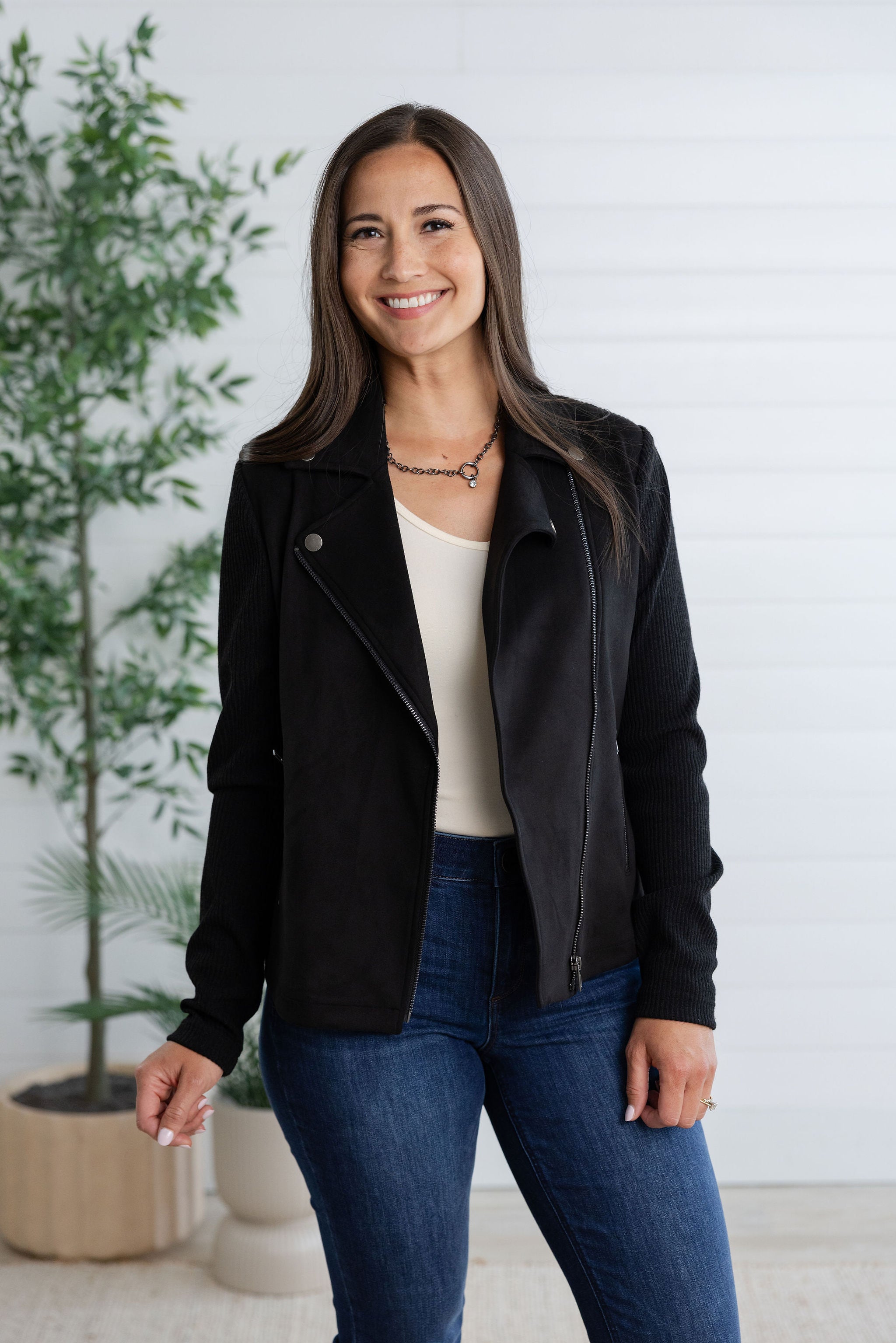 Sweater Sleeve Faux Suede Jacket