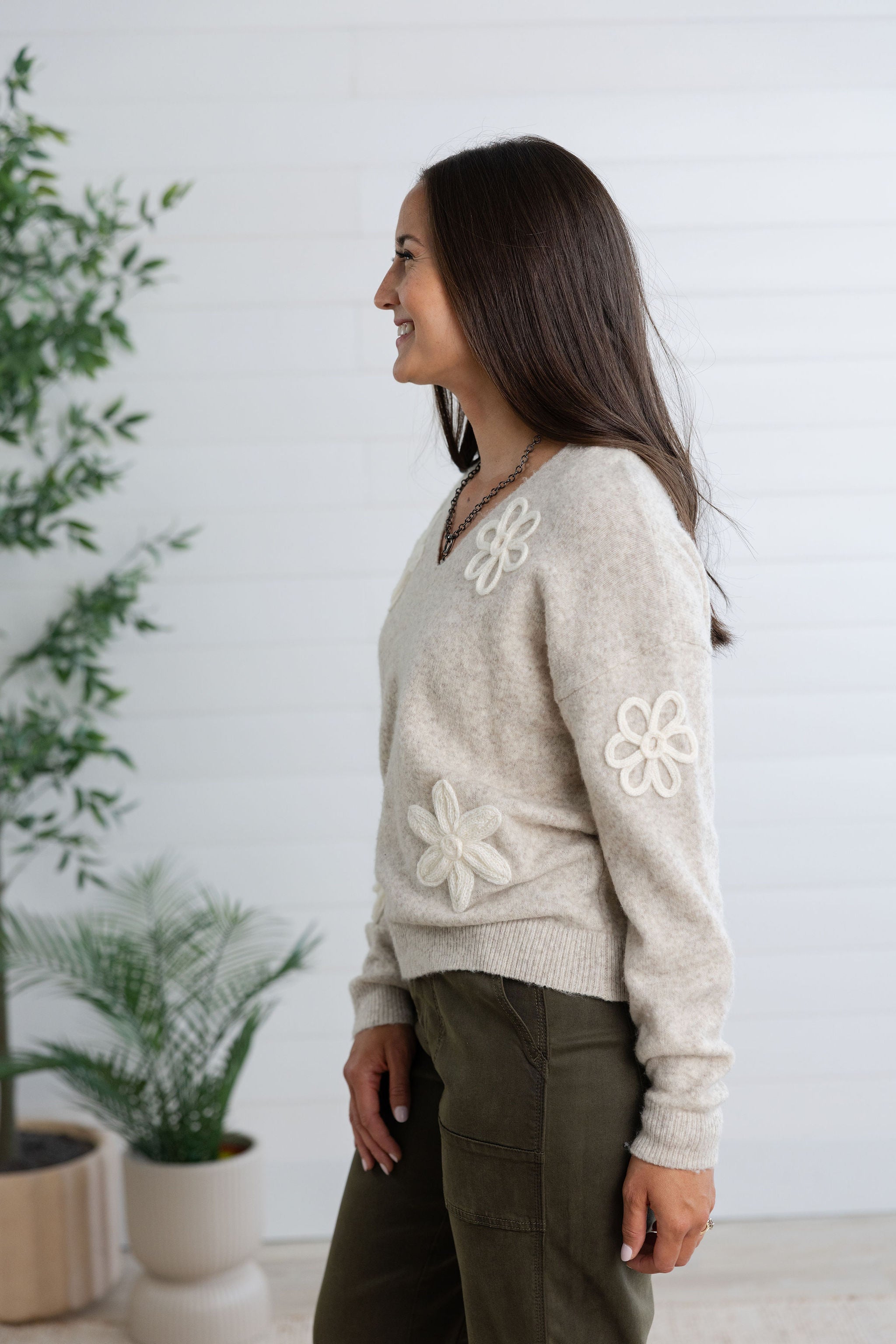 Floral Embellished V Neck Sweater