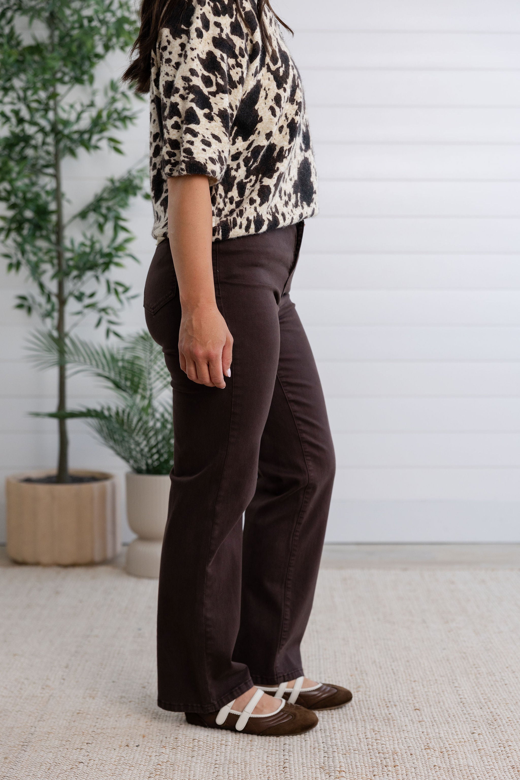 Colored Twill Straight Leg Pants with Elastic Waistband