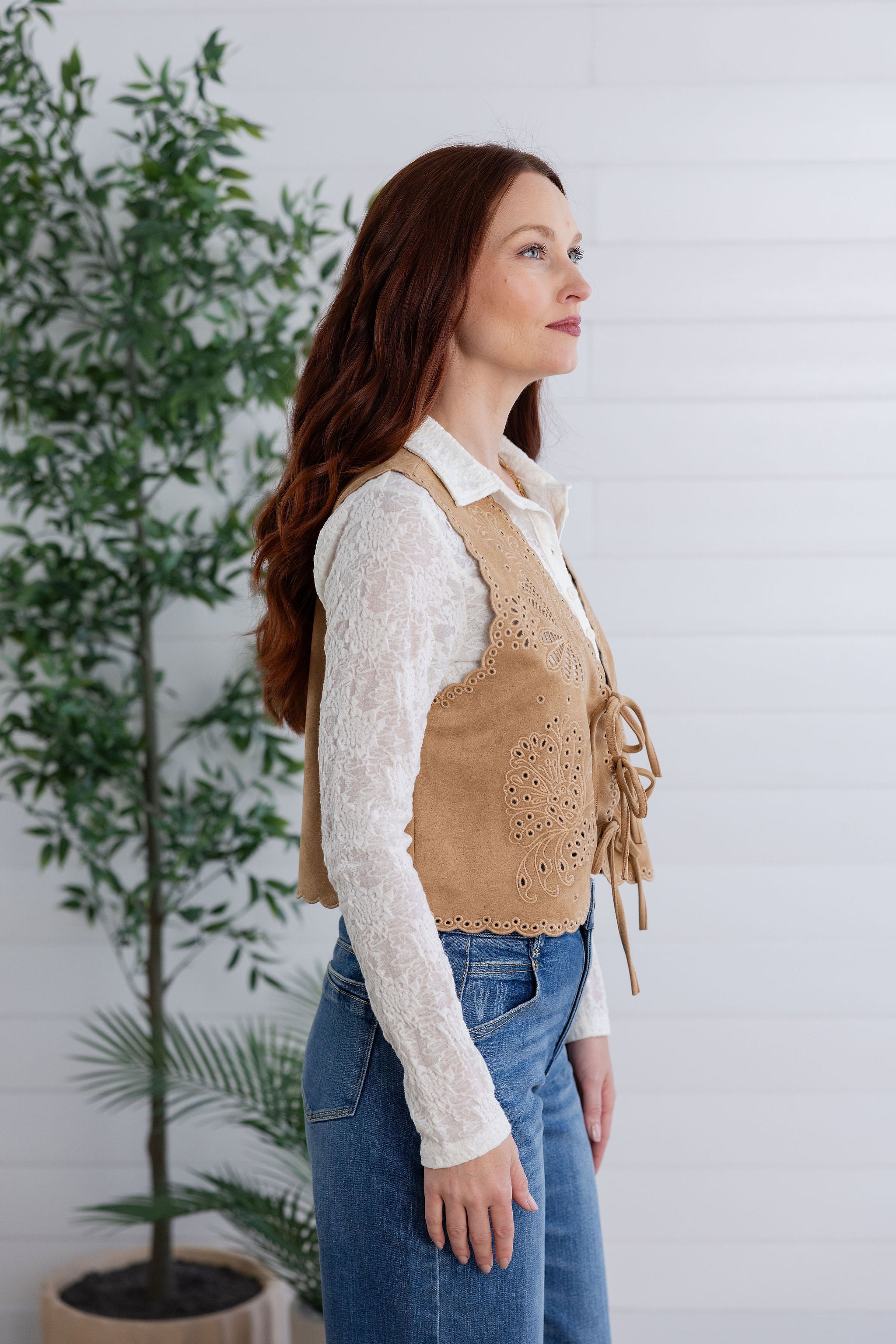 Suede Embroidered Front Tie Vest
