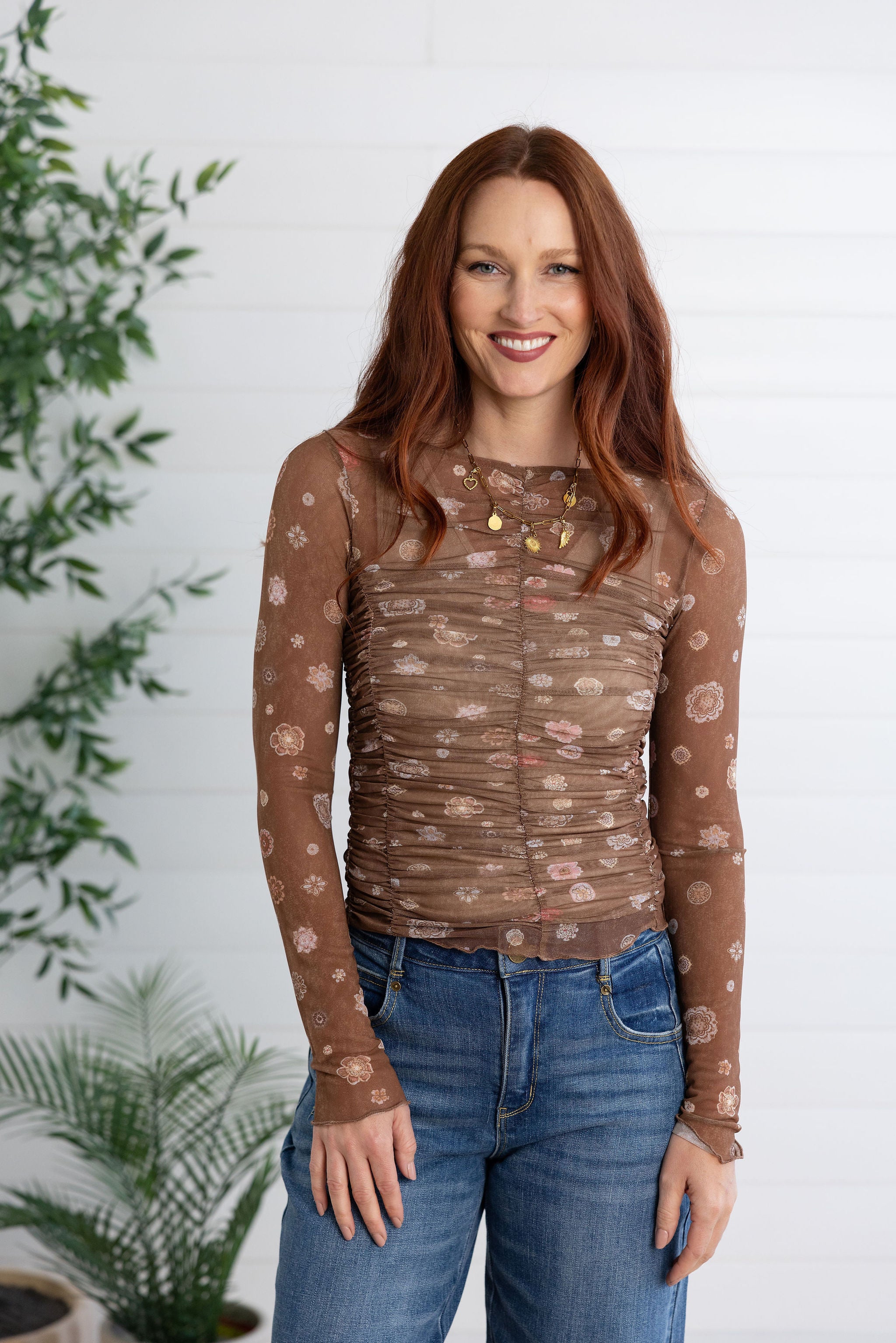 Floral Print Mesh Long Sleeve Top with Ruching Detail