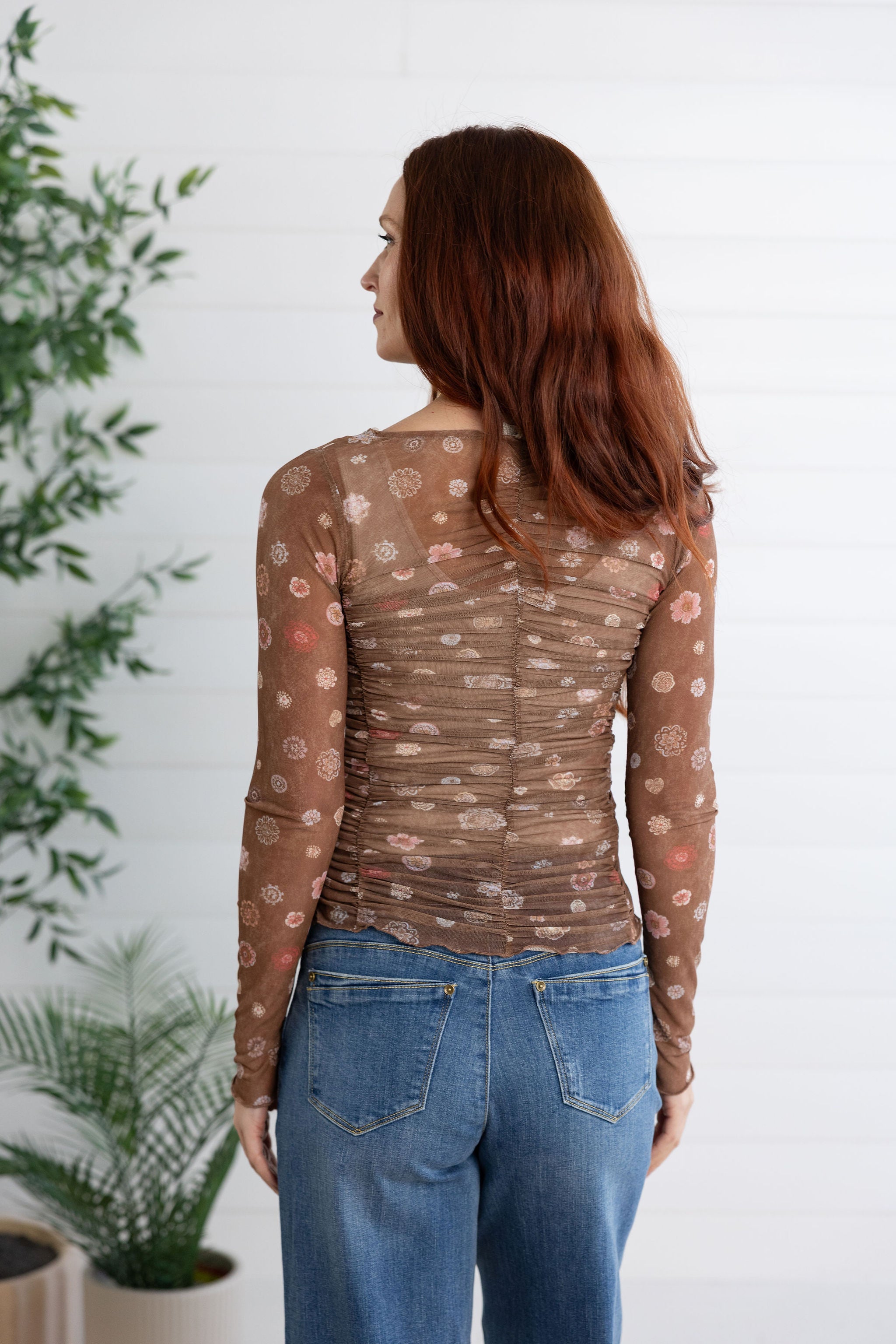 Floral Print Mesh Long Sleeve Top with Ruching Detail