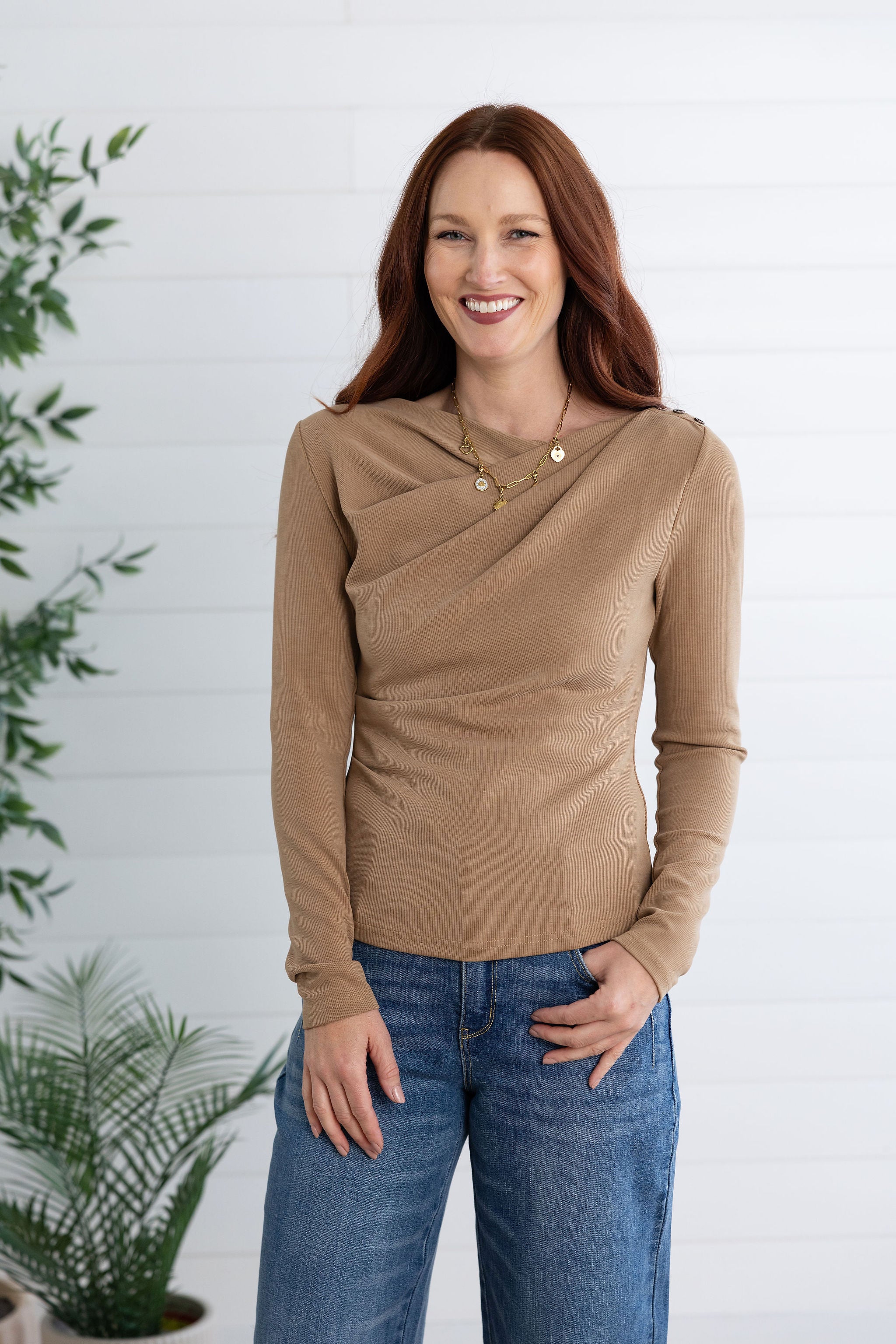 Asymmetrical Draped Ribbed Top With Shoulder Button Detail