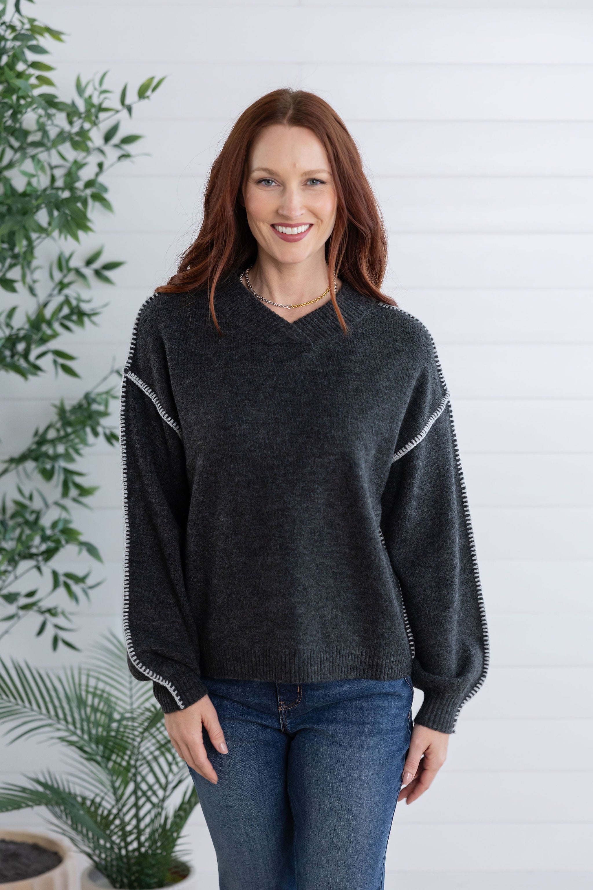 Dolman Blouson Sleeve Blanket Stitch Embroidered Sweater