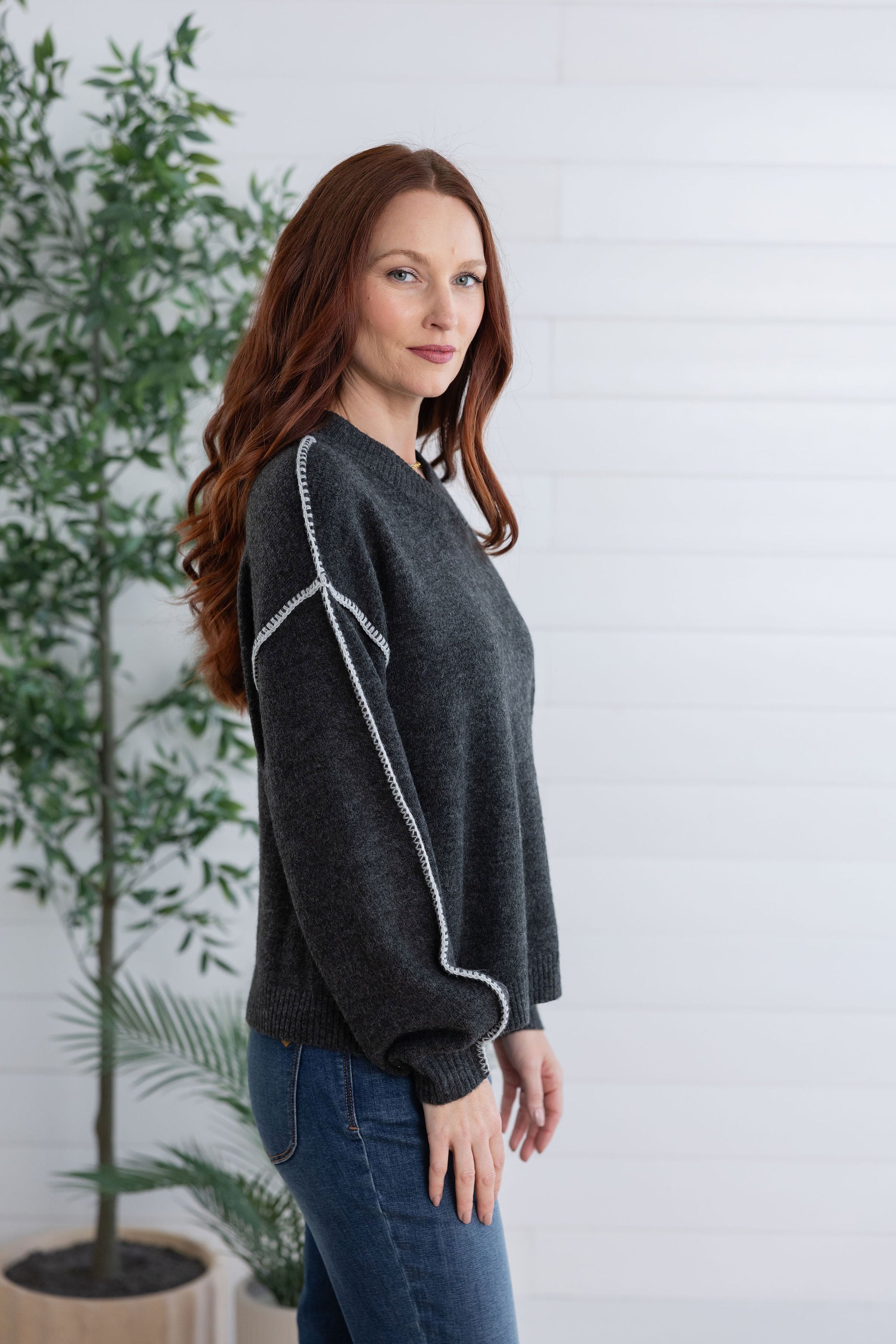 Dolman Blouson Sleeve Blanket Stitch Embroidered Sweater