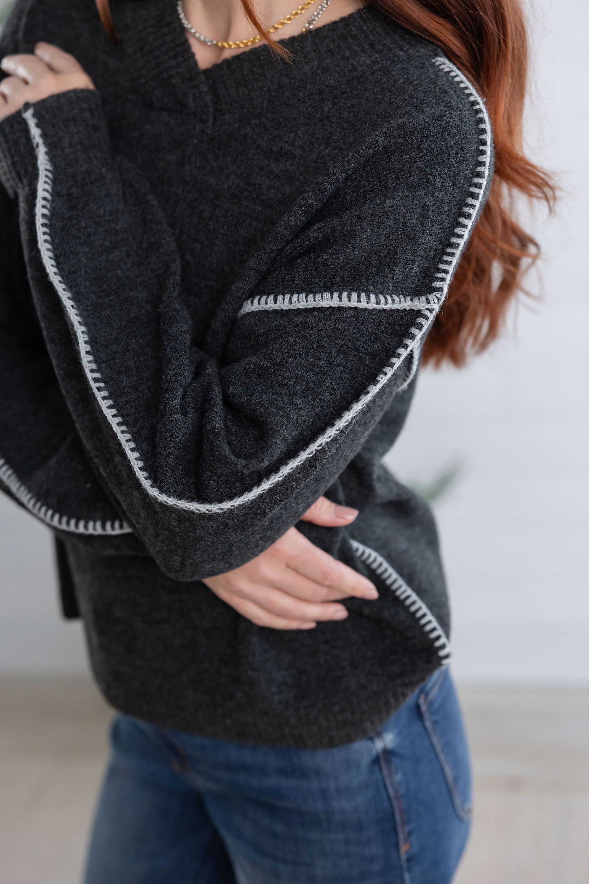 Dolman Blouson Sleeve Blanket Stitch Embroidered Sweater