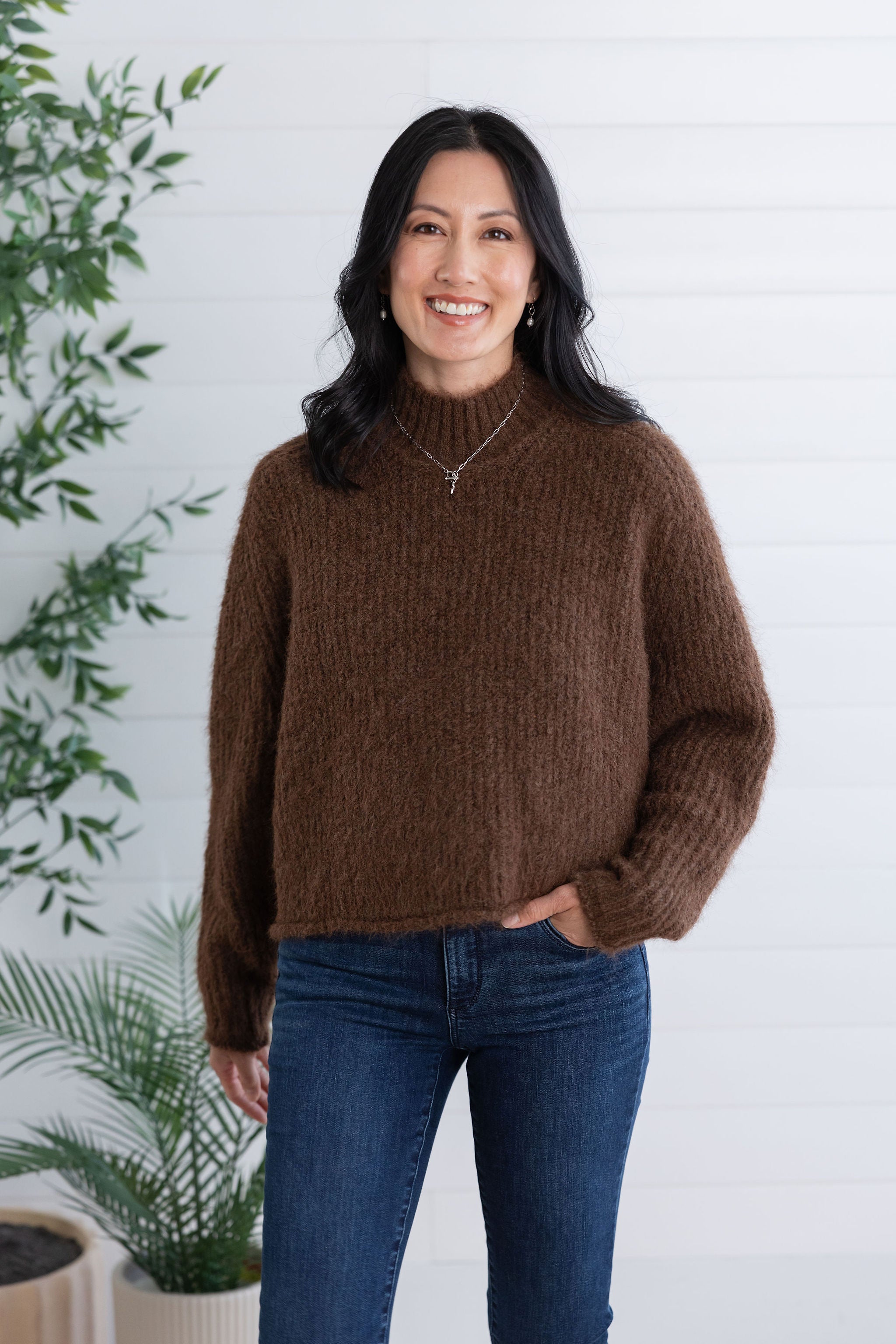 Mac and Me Boxy Fuzzy Knit Mock Neck Sweater